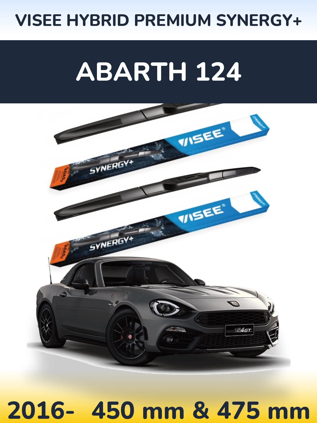 Front wiper blade set VISEE HYBRID PREMIUM SYNERGY+ 450 & 475 mm for Abarth 124 2016-2026
