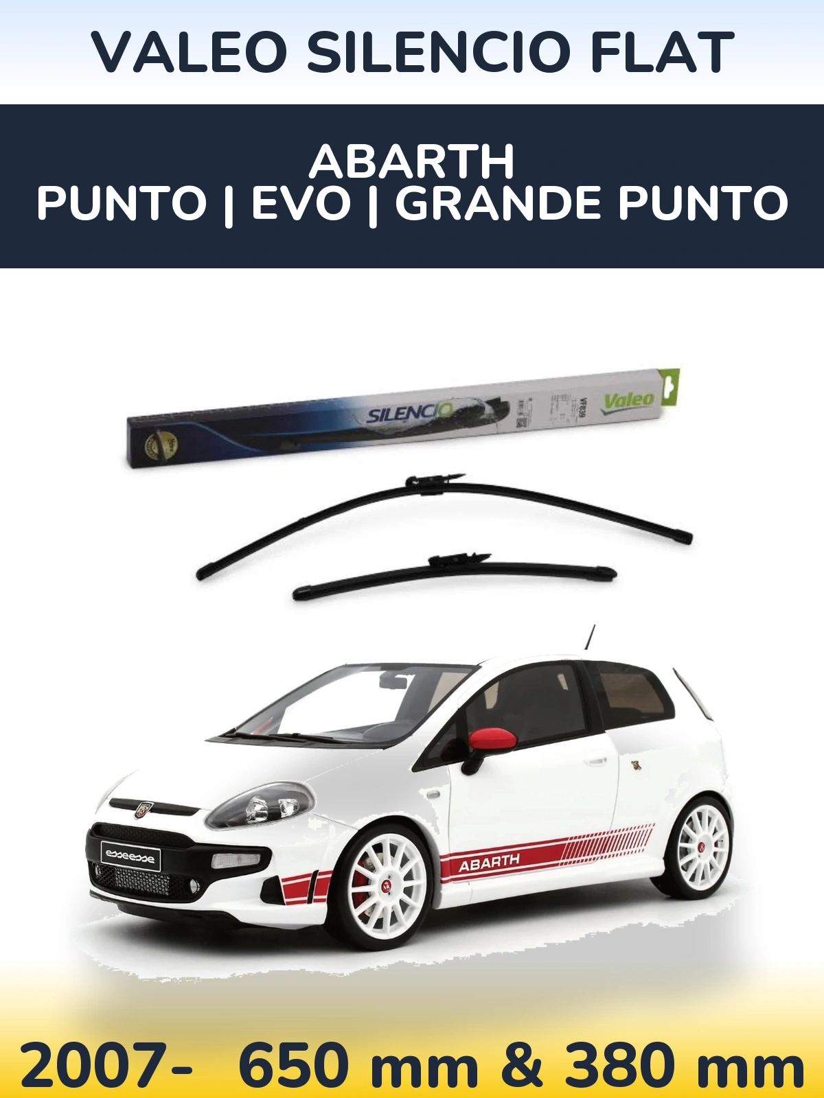 Front wiper blade set Valeo Silencio Flat 650 & 380 mm for Abarth Punto | Evo | Grande Punto 2007-2026