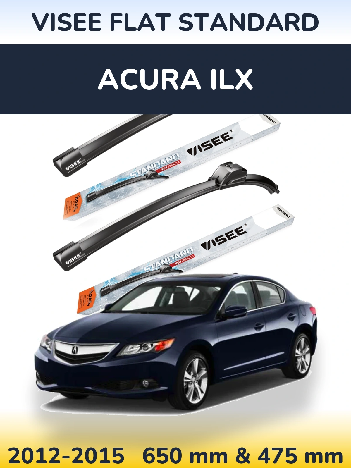 Front wiper blade set VISEE FLAT STANDARD 650 & 475 mm for Acura ILX 2012-2015