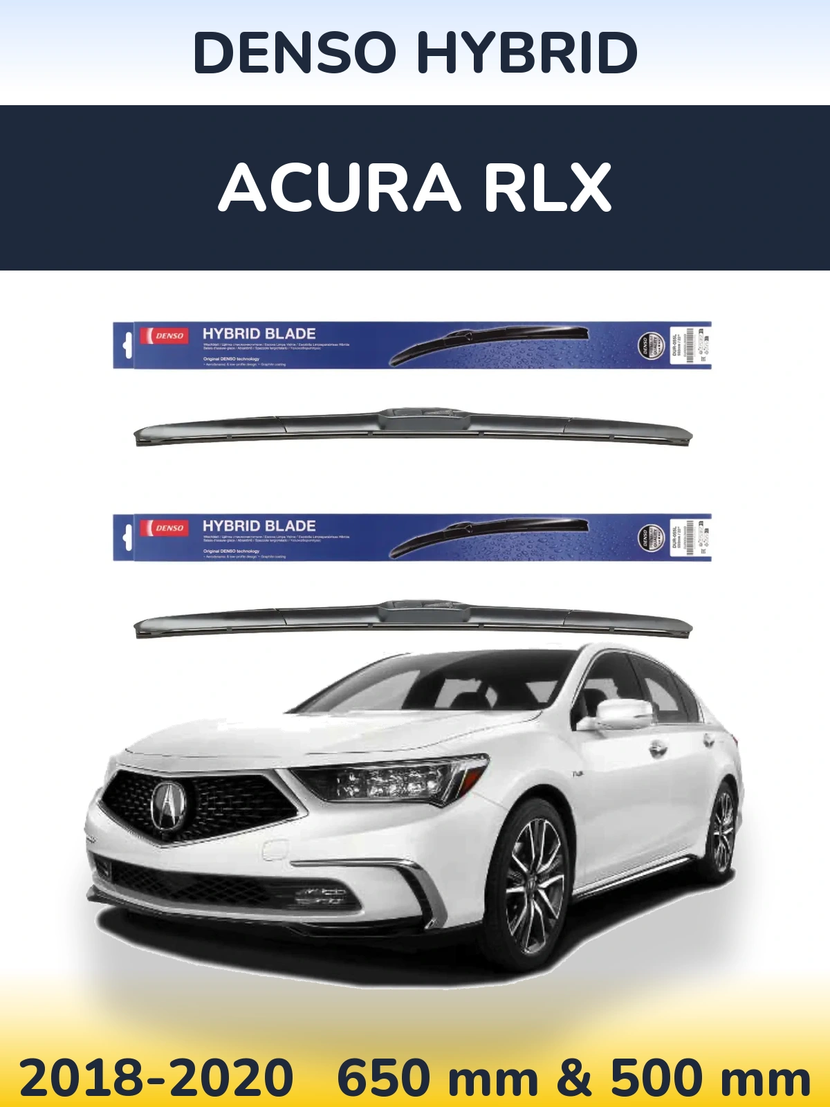 Front wiper blade set Denso Hybrid 650 & 500 mm for Acura RLX 2018-2020