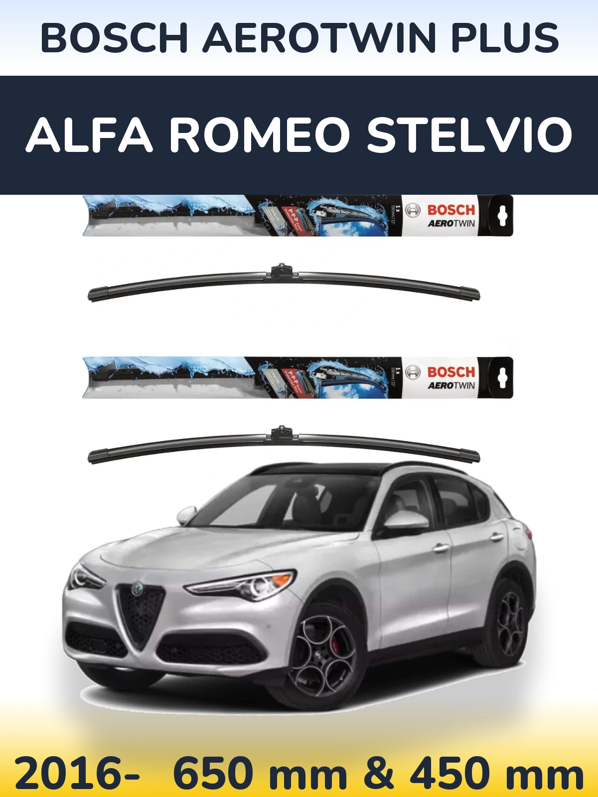 Комплект передних дворников BOSCH AeroTwin Plus 650 & 450 мм для Alfa Romeo Stelvio 2016-2026