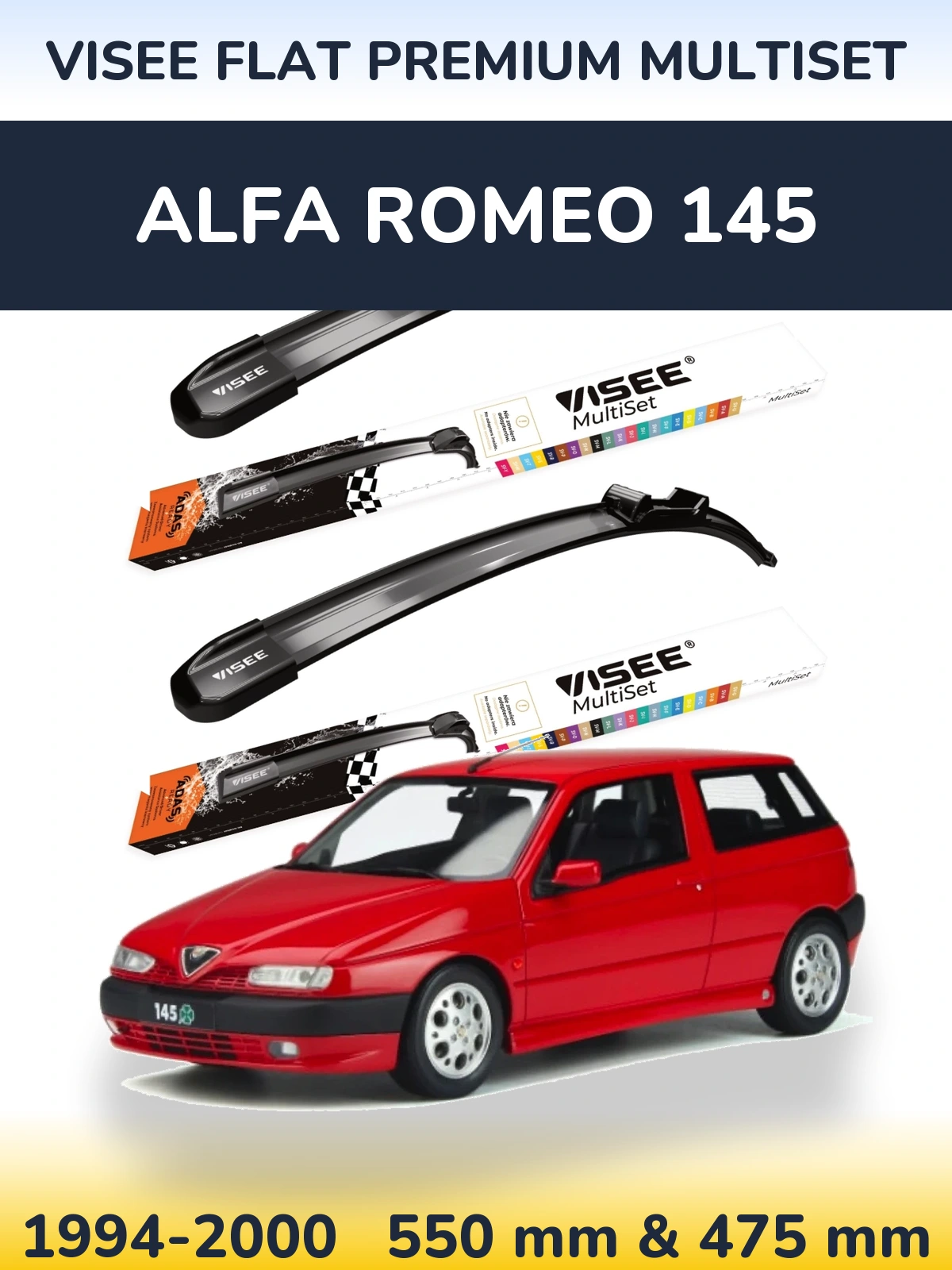Front wiper blade set VISEE FLAT PREMIUM MultiSet 550 & 475 mm for Alfa Romeo 145 1994-2000