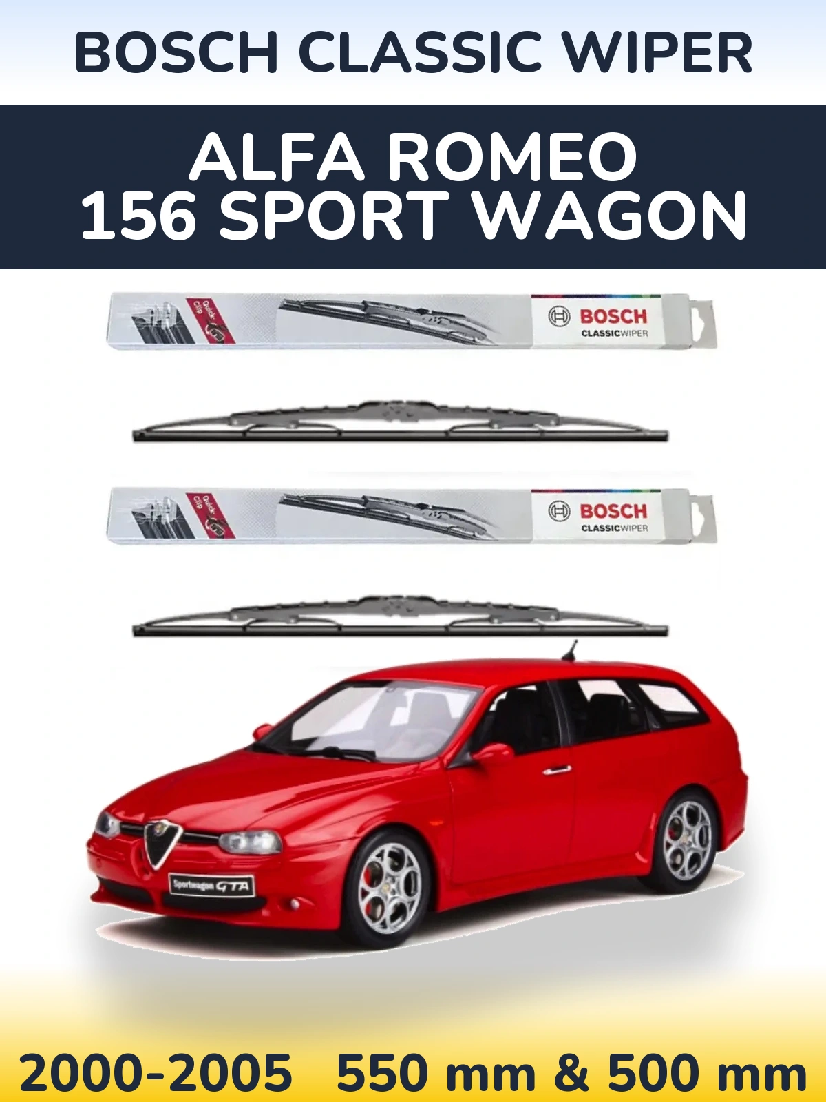 Front wiper blade set BOSCH Classic Wiper 550 & 500 mm for Alfa Romeo 156 Sport Wagon 2000-2005