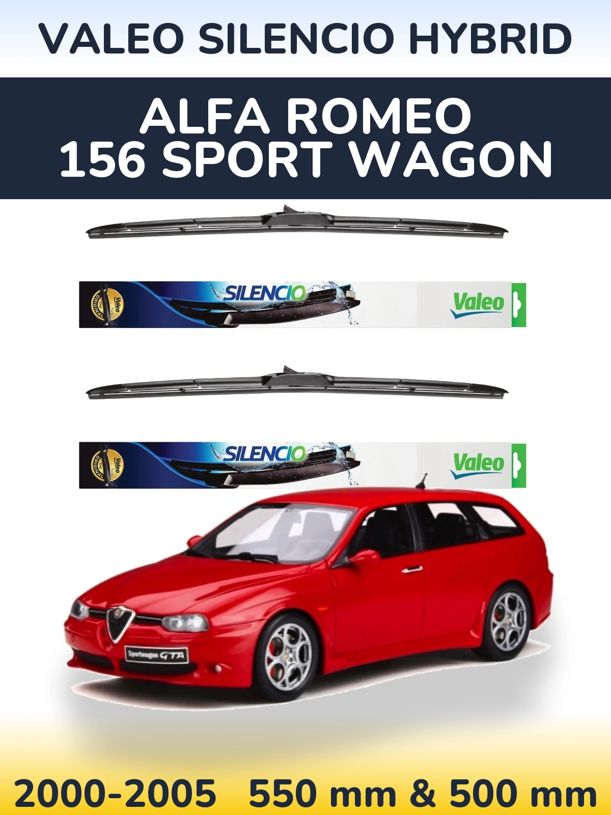 Komplet przednich wycieraczek Valeo Silencio Hybrid 550 & 500 mm do Alfa Romeo 156 Sport Wagon 2000-2005