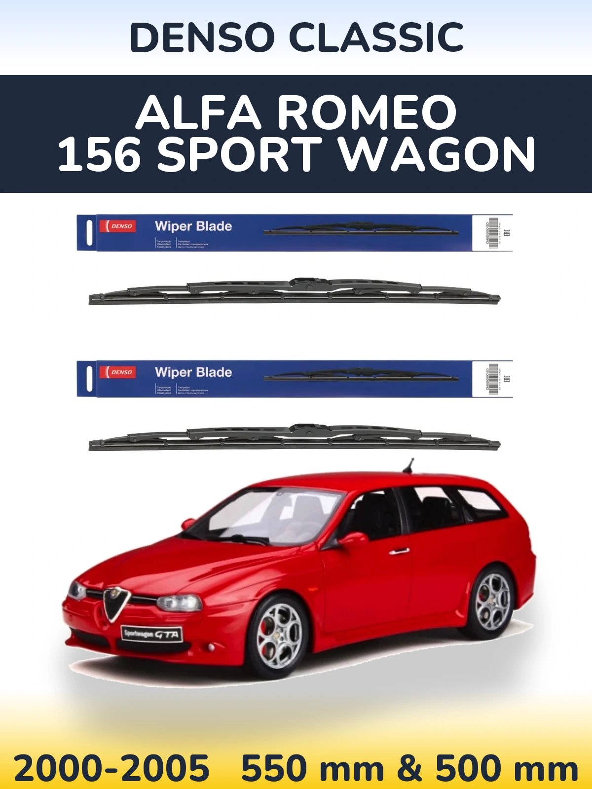 Front wiper blade set Denso Classic 550 & 500 mm for Alfa Romeo 156 Sport Wagon 2000-2005