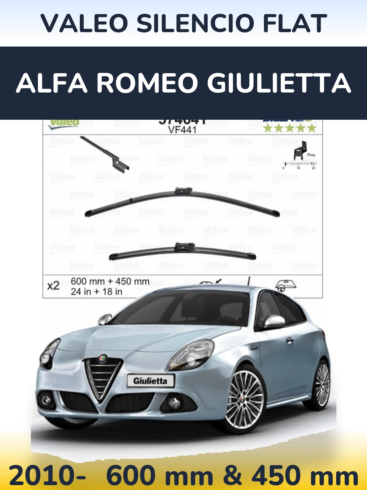 Front wiper blade set Valeo Silencio Flat 600 & 450 mm for Alfa Romeo Giulietta 2010-2026