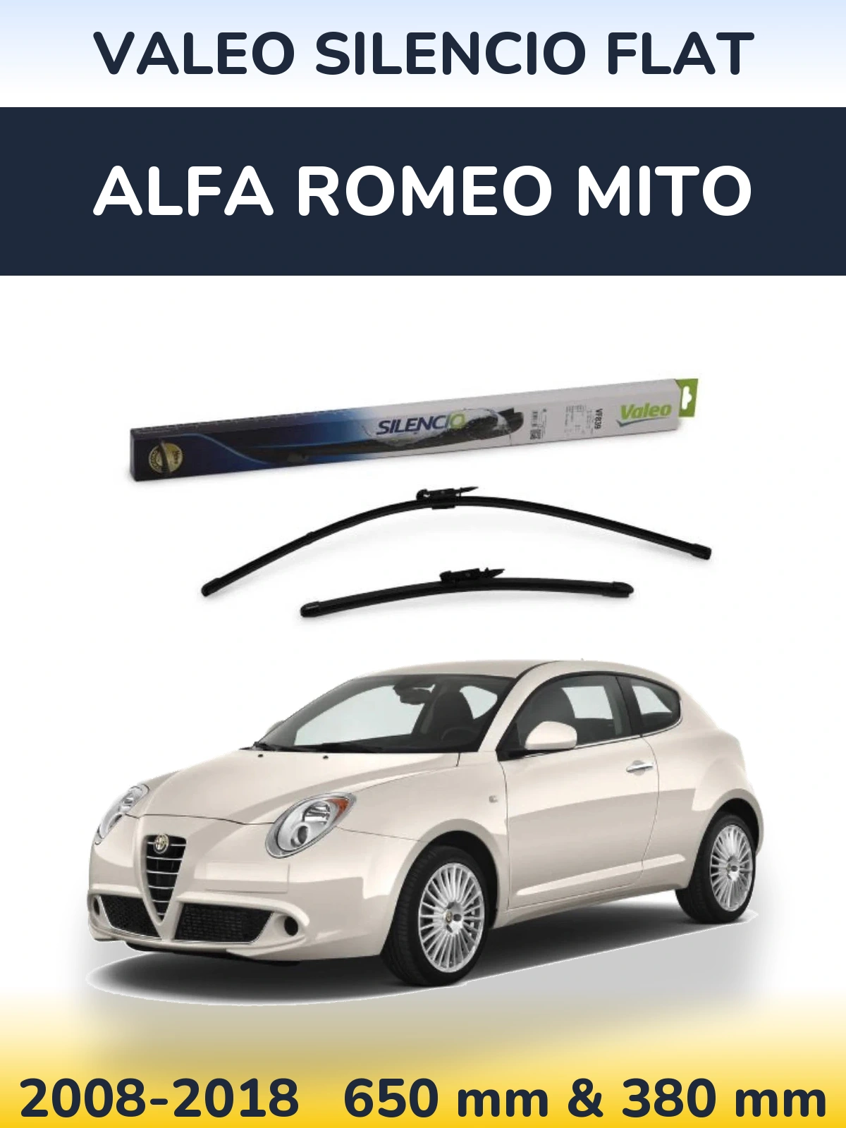 Front wiper blade set Valeo Silencio Flat 650 & 380 mm for Alfa Romeo MiTo 2008-2018