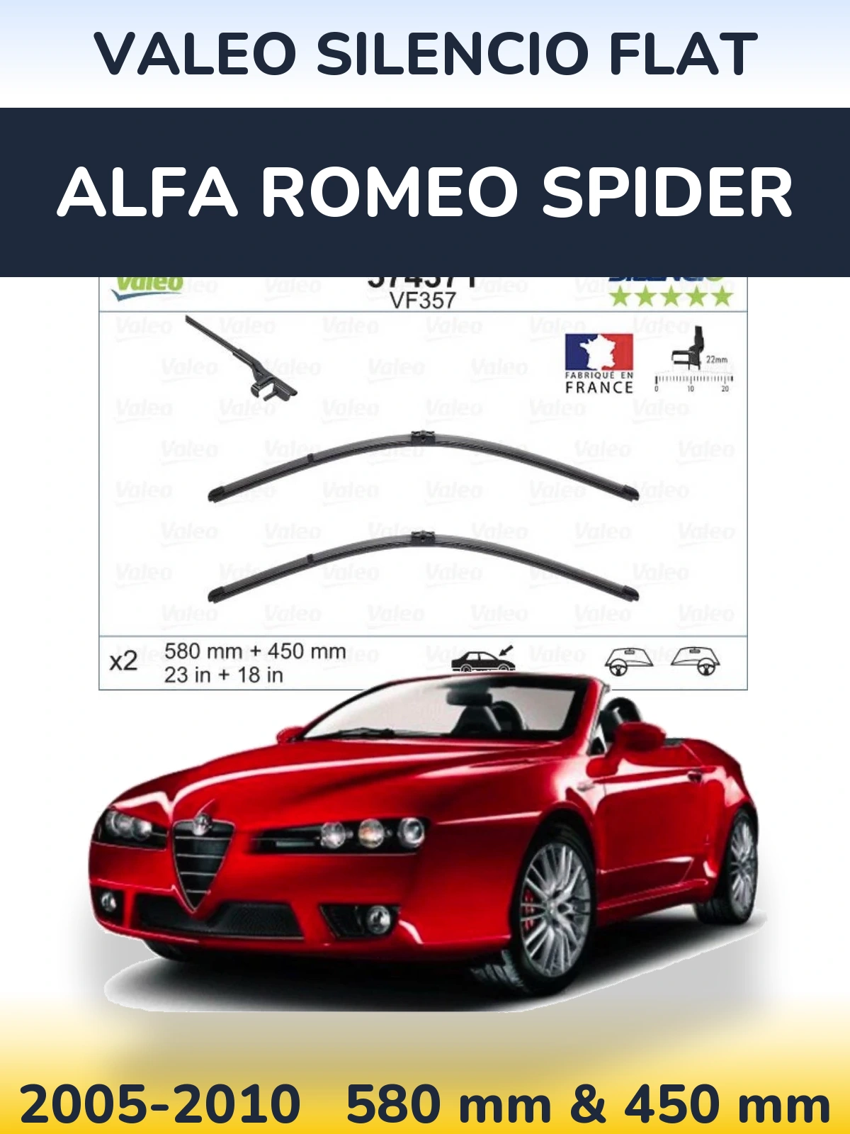 Front wiper blade set Valeo Silencio Flat 580 & 450 mm for Alfa Romeo Spider 2005-2010