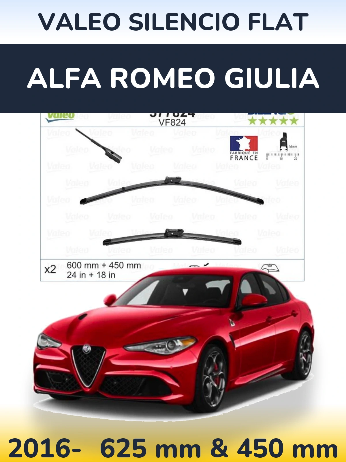 Front wiper blade set Valeo Silencio Flat 600 & 450 mm for Alfa Romeo Giulia 2016-2026