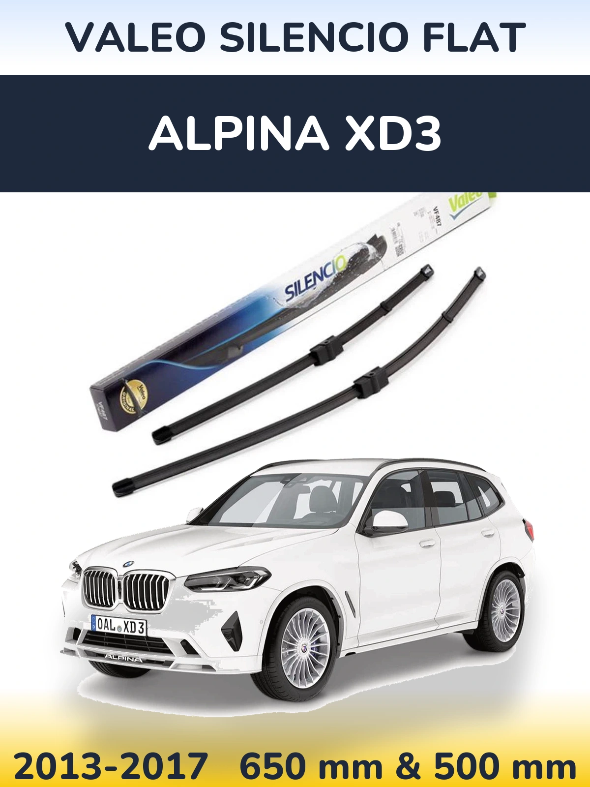 Front wiper blade set Valeo Silencio Flat 650 & 500 mm for Alpina XD3 2013-2017