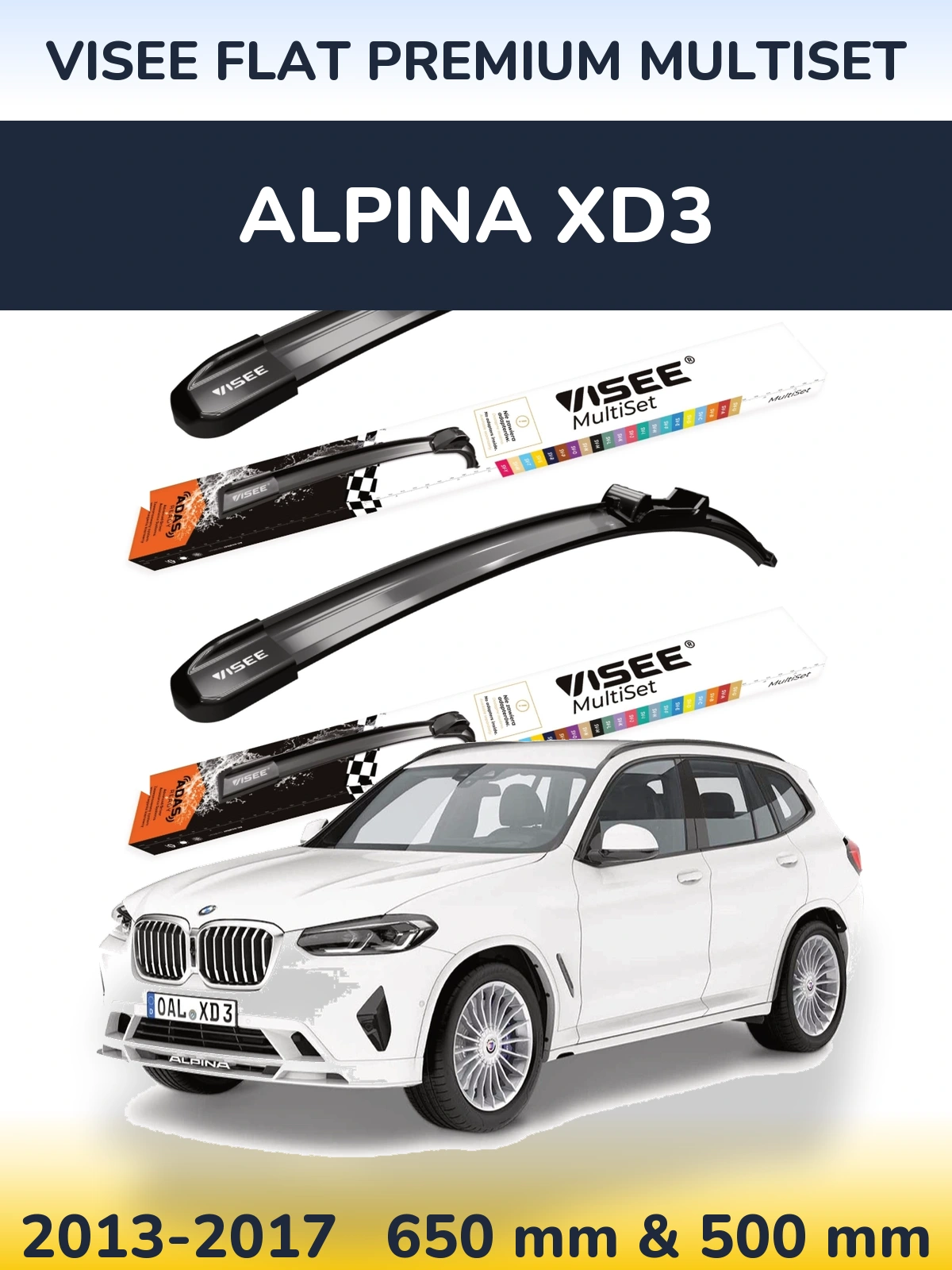 Komplet przednich wycieraczek VISEE FLAT PREMIUM MultiSet 650 & 500 mm do Alpina XD3 2013-2017
