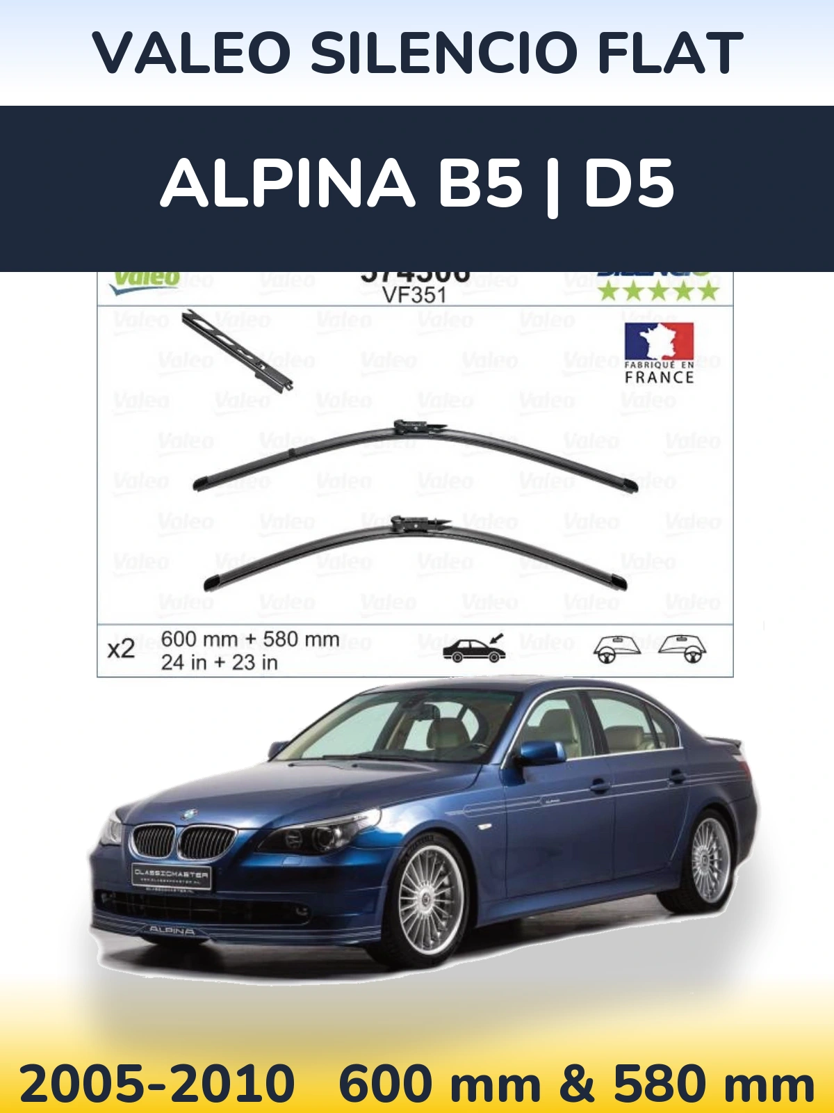 Комплект передних дворников Valeo Silencio Flat 600 & 580 мм для Alpina B5 | D5 2005-2010