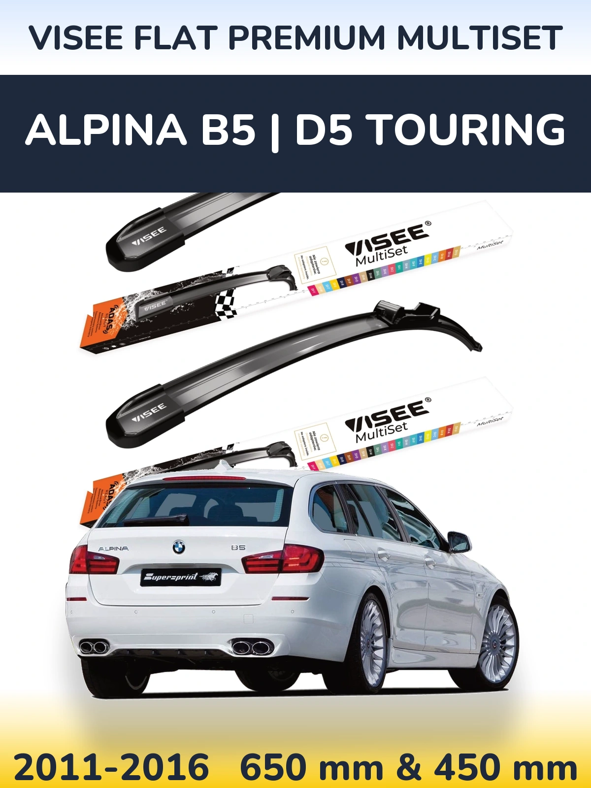 Komplet przednich wycieraczek VISEE FLAT PREMIUM MultiSet 650 & 450 mm do Alpina B5 | D5 Touring 2011-2016
