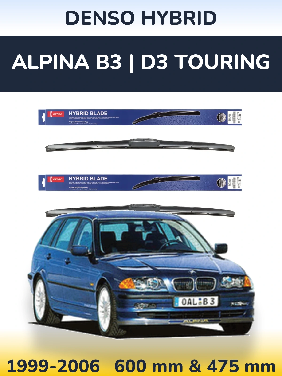 Front wiper blade set Denso Hybrid 600 & 475 mm for Alpina B3 | D3 Touring 1999-2006