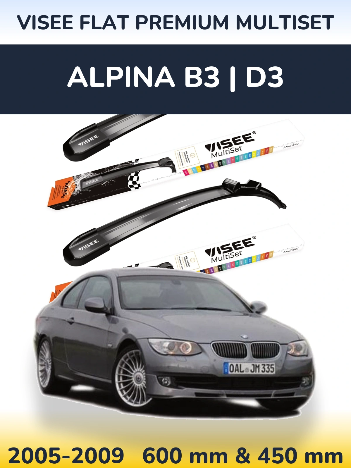 Komplet przednich wycieraczek VISEE FLAT PREMIUM MultiSet 600 & 450 mm do Alpina B3 | D3 2005-2009
