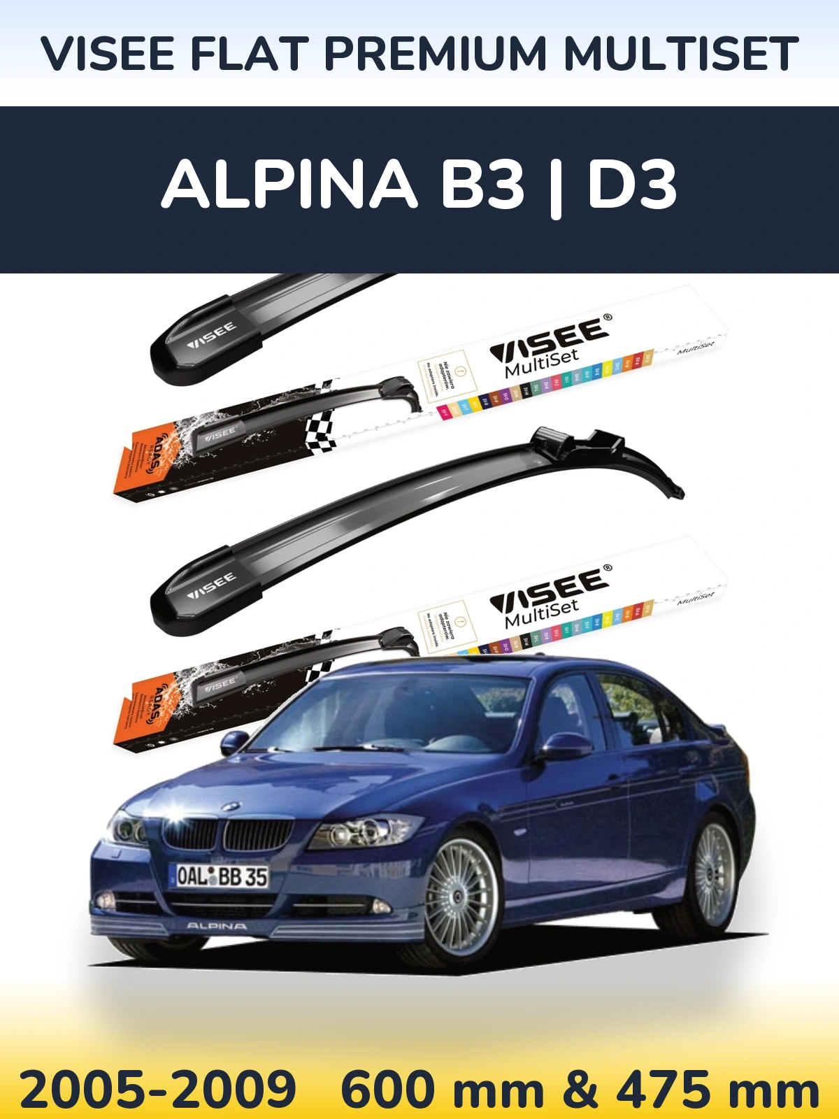 Komplet przednich wycieraczek VISEE FLAT PREMIUM MultiSet 600 & 475 mm do Alpina B3 | D3 2005-2009