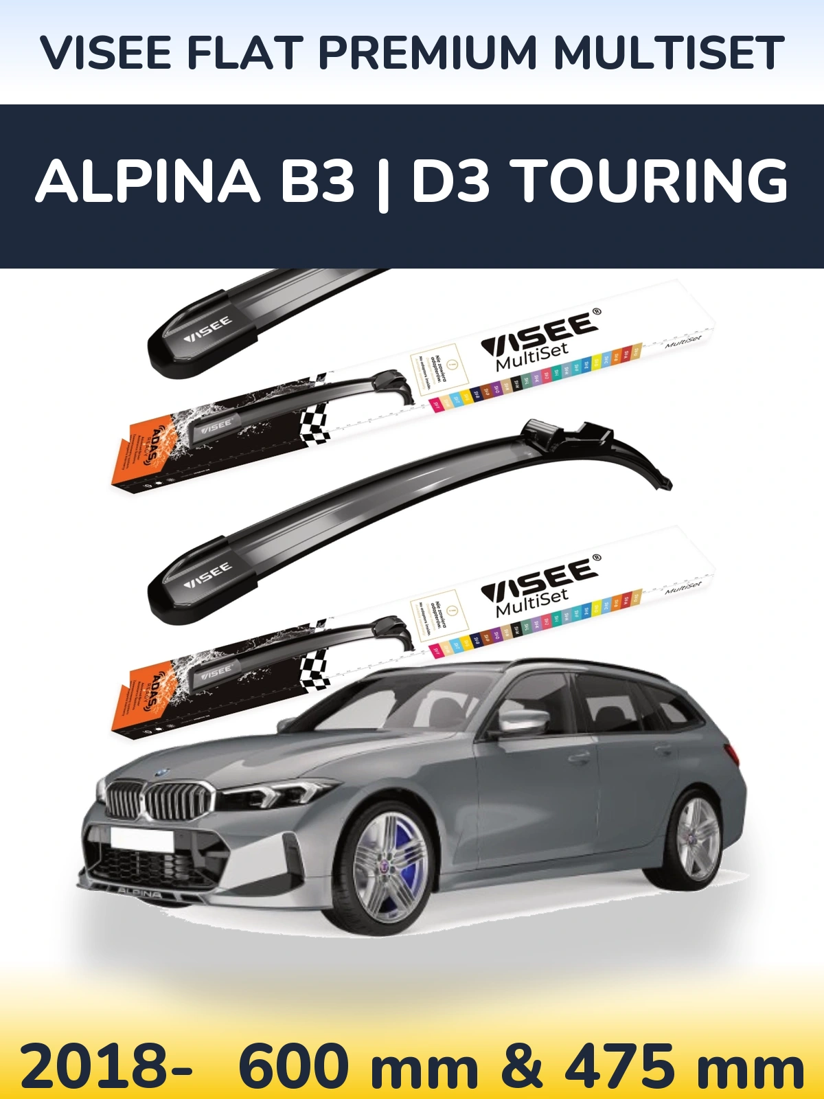 Komplet przednich wycieraczek VISEE FLAT PREMIUM MultiSet 600 & 475 mm do Alpina B3 | D3 Touring 2018-2026