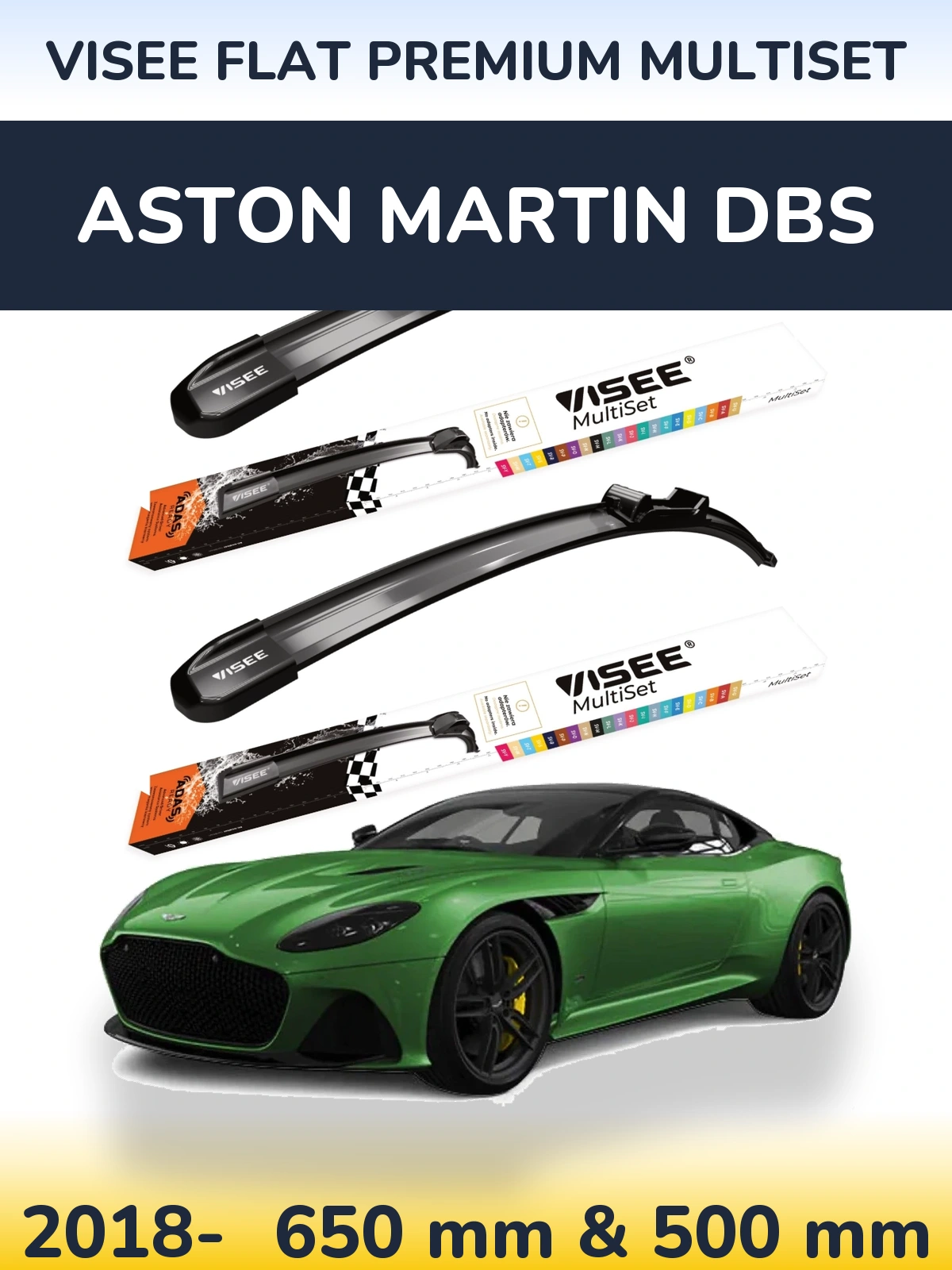 Комплект передних дворников VISEE FLAT PREMIUM MultiSet 650 & 500 мм для Aston Martin DBS 2018-2026