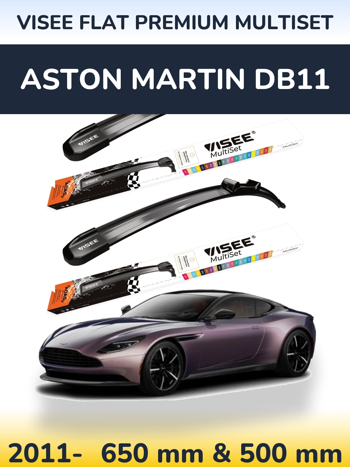 Комплект передних дворников VISEE FLAT PREMIUM MultiSet 650 & 500 мм для Aston Martin DB11 2011-2026
