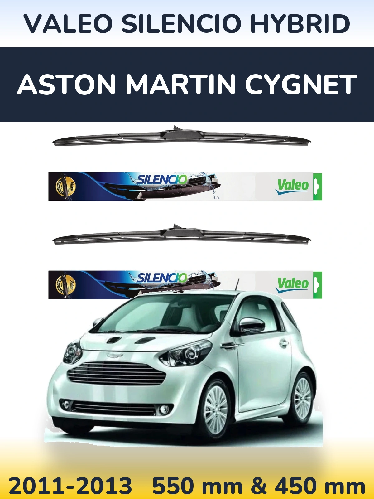 Front wiper blade set Valeo Silencio Hybrid 550 & 450 mm for Aston Martin Cygnet 2011-2013