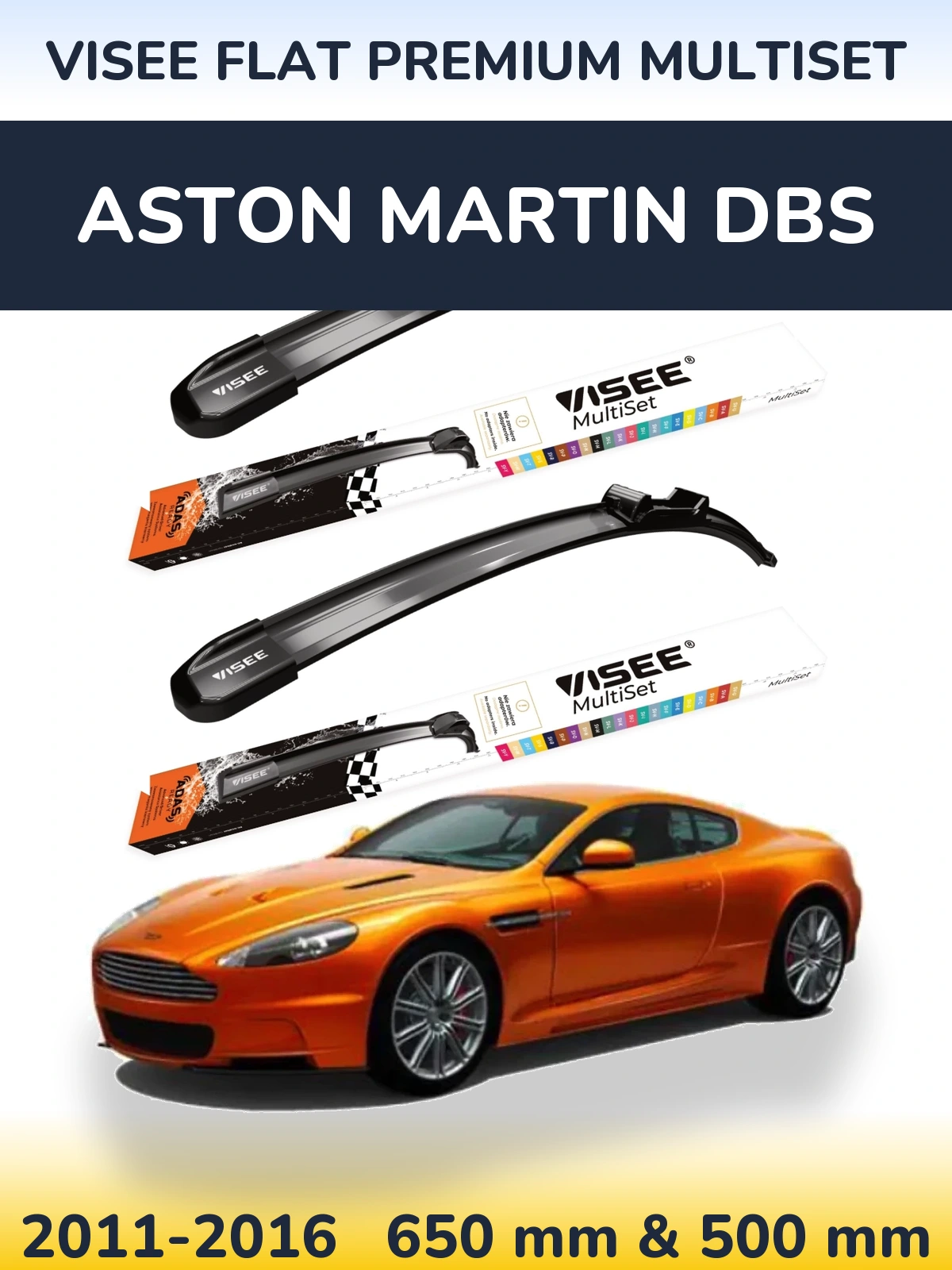 Комплект передніх щіток VISEE FLAT PREMIUM MultiSet 650 & 500 мм для Aston Martin DBS 2011-2016