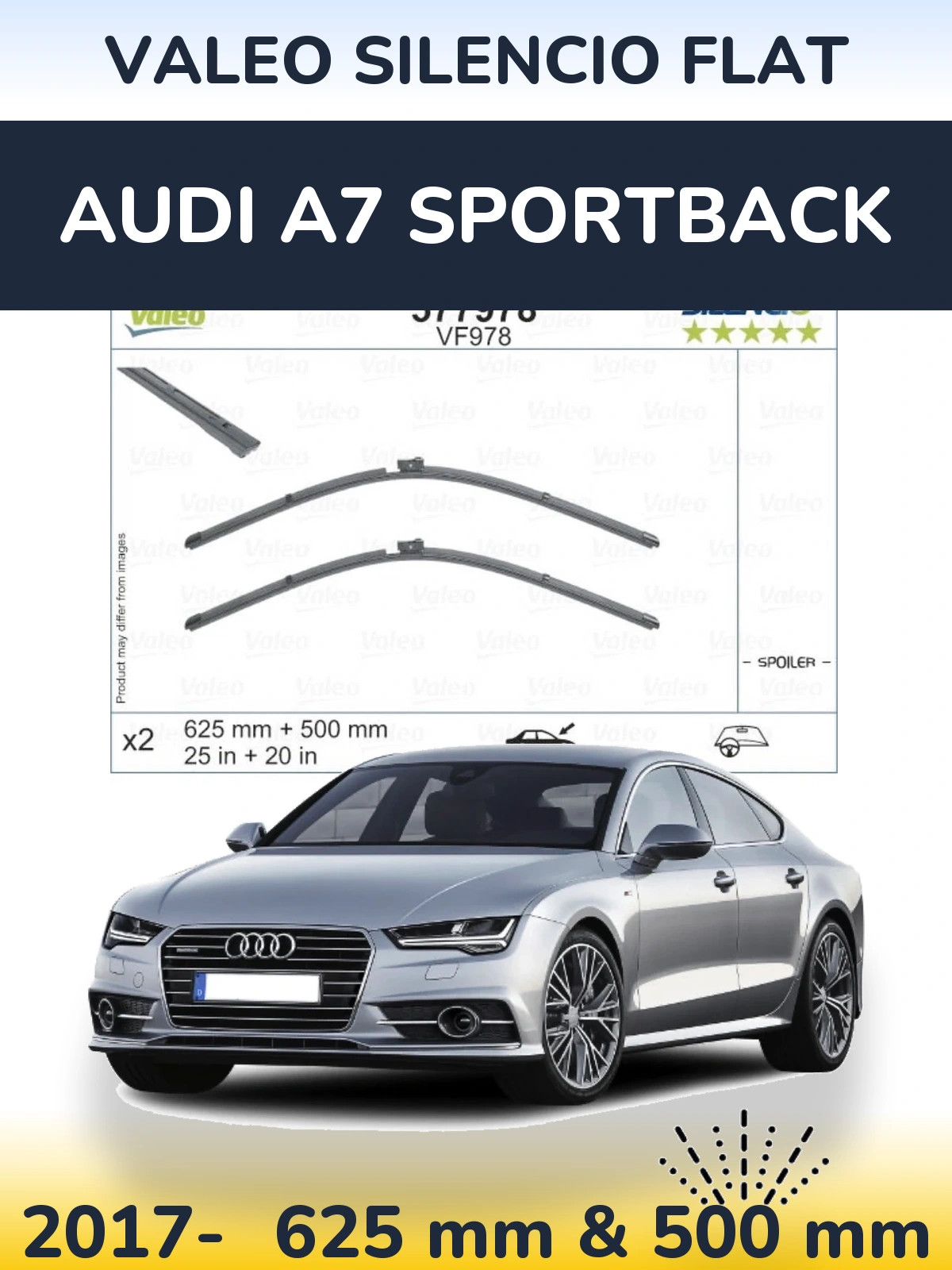 Front wiper blade set Valeo Silencio Flat 625 & 500 mm for Audi A7 Sportback 2017-2026