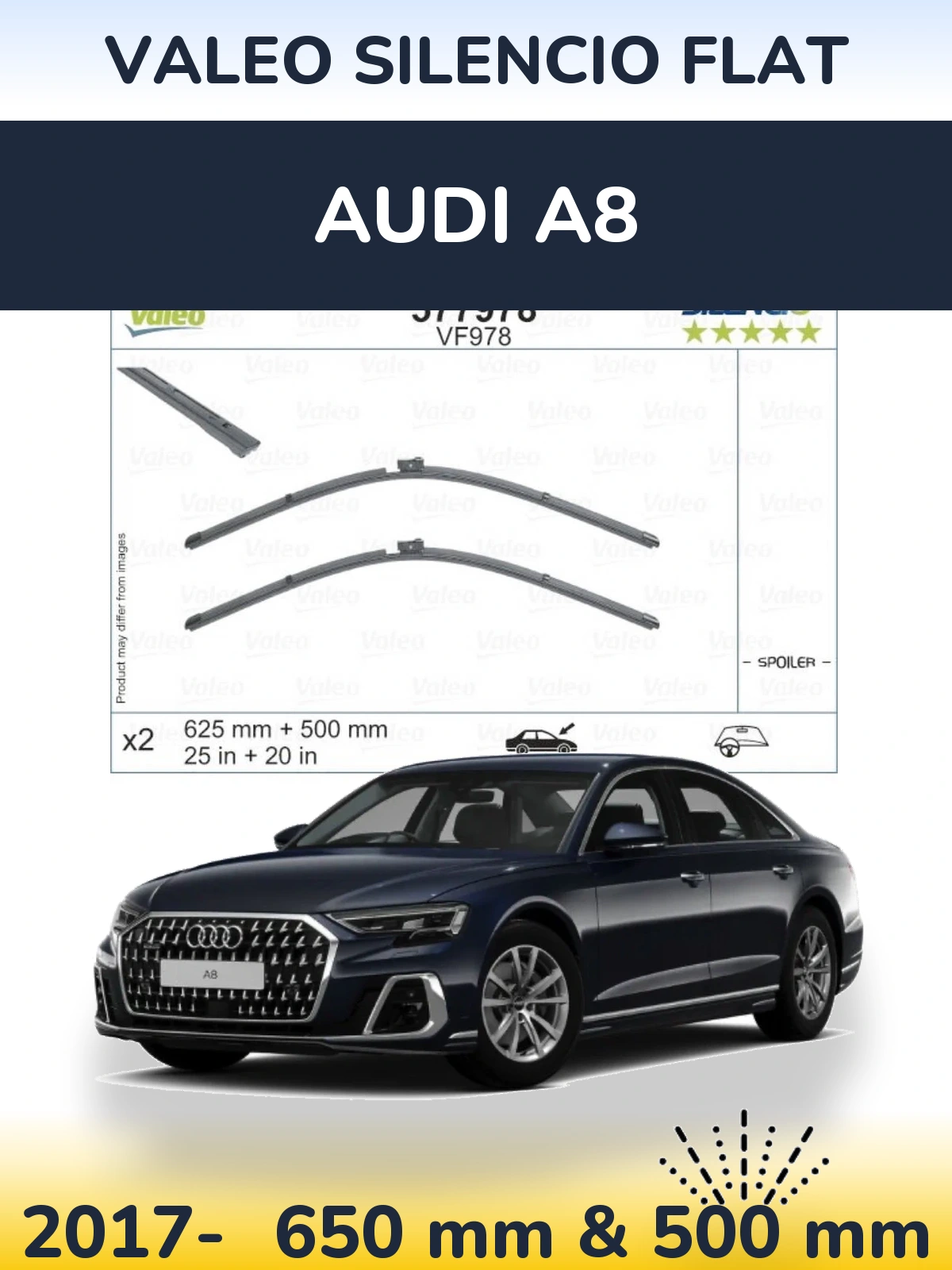 Комплект передних дворников Valeo Silencio Flat 625 & 500 мм для Audi A8 2017-2026