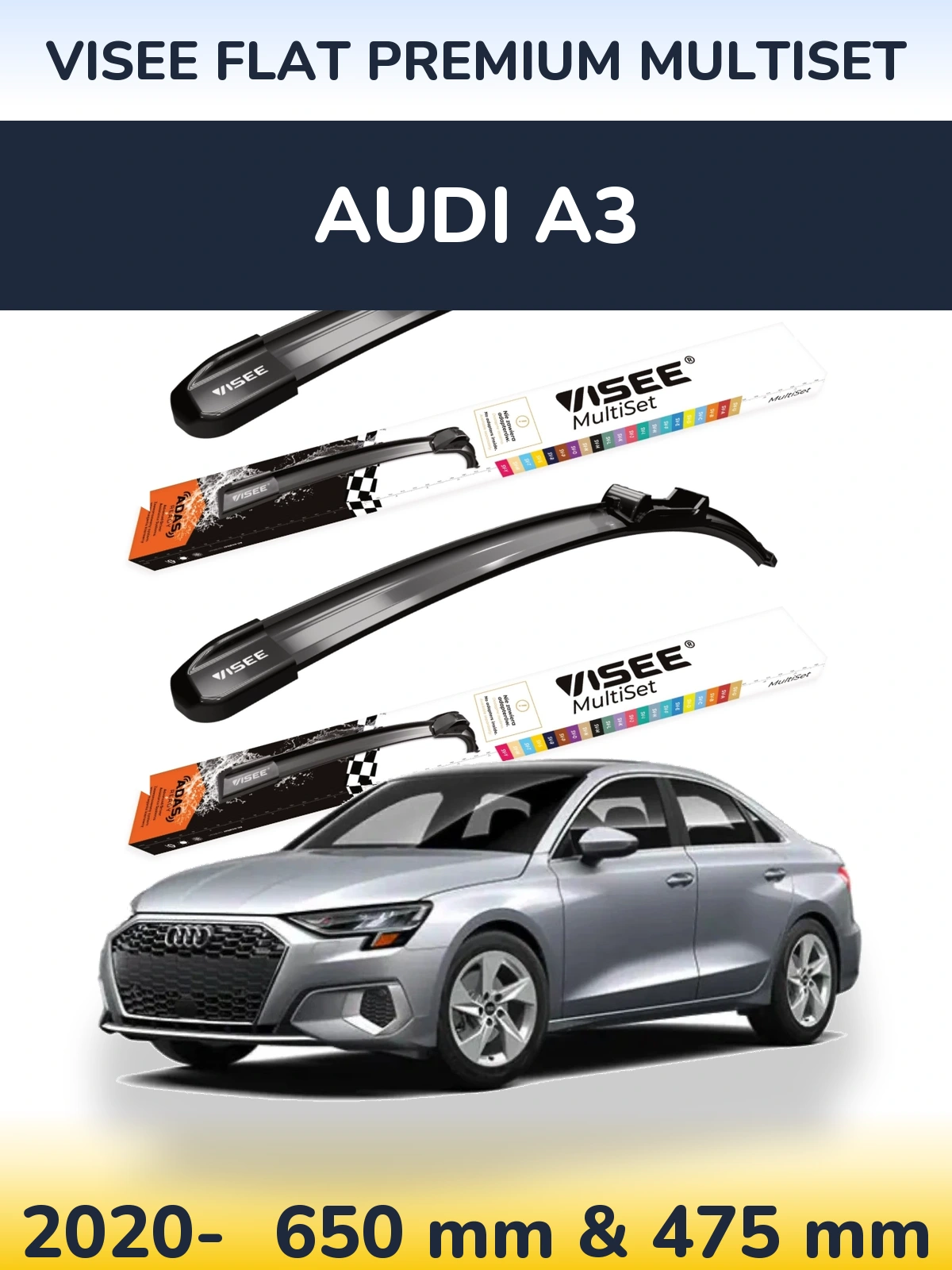 Komplet przednich wycieraczek VISEE FLAT PREMIUM MultiSet 650 & 475 mm do Audi A3 2020-2026