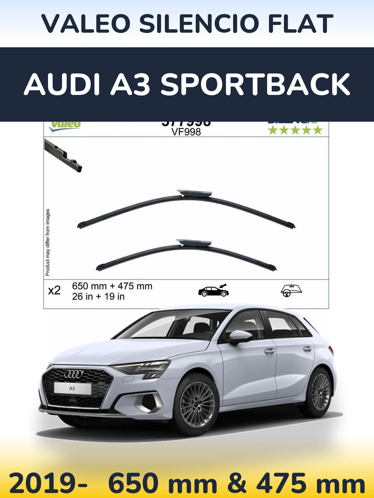 Komplet przednich wycieraczek Valeo Silencio Flat 650 & 475 mm do Audi A3 Sportback 2019-2026