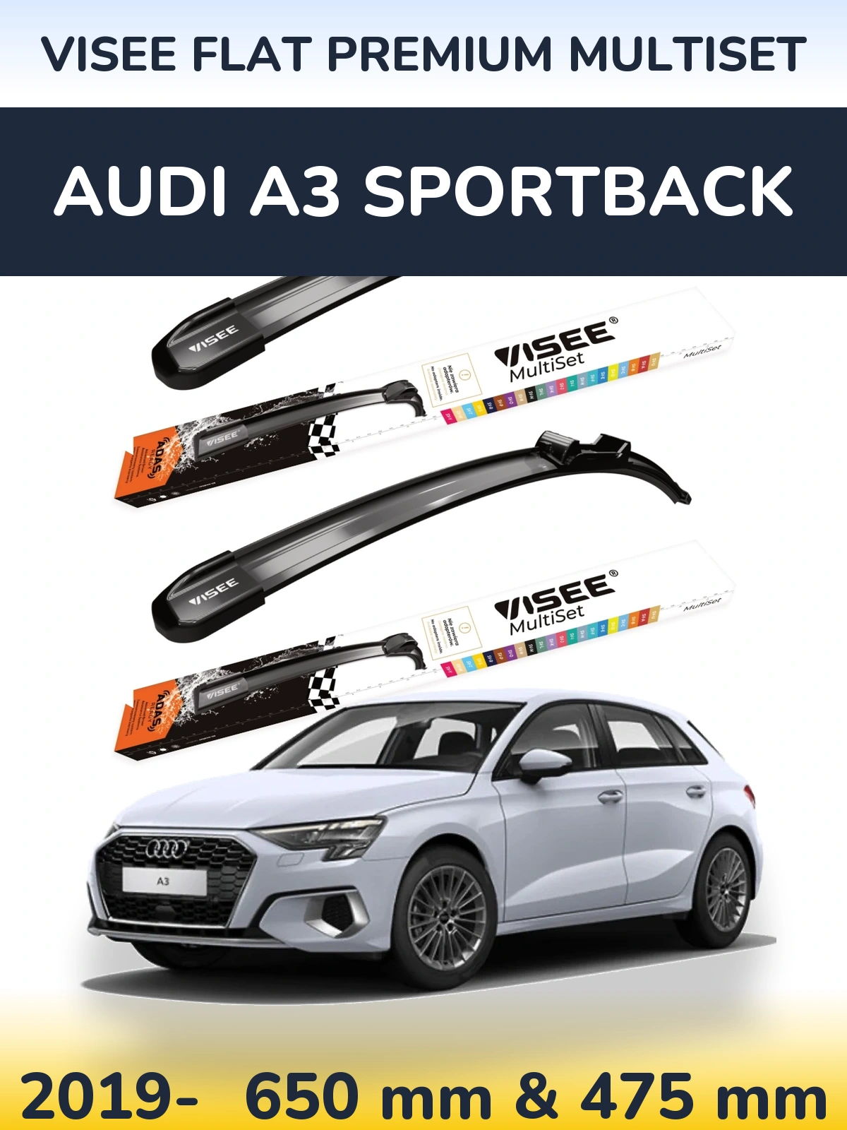 Комплект передних дворников VISEE FLAT PREMIUM MultiSet 650 & 475 мм для Audi A3 Sportback 2019-2026