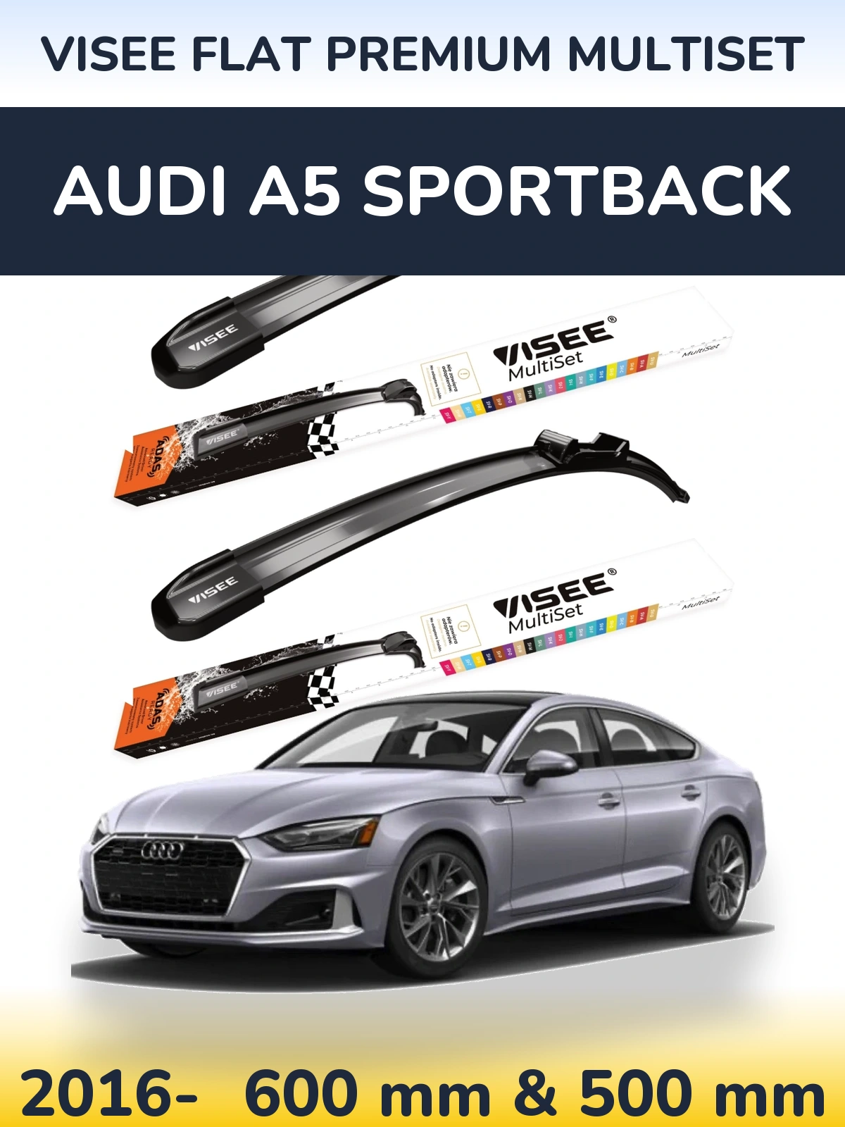 Комплект передних дворников VISEE FLAT PREMIUM MultiSet 600 & 500 мм для Audi A5 Sportback 2016-2026