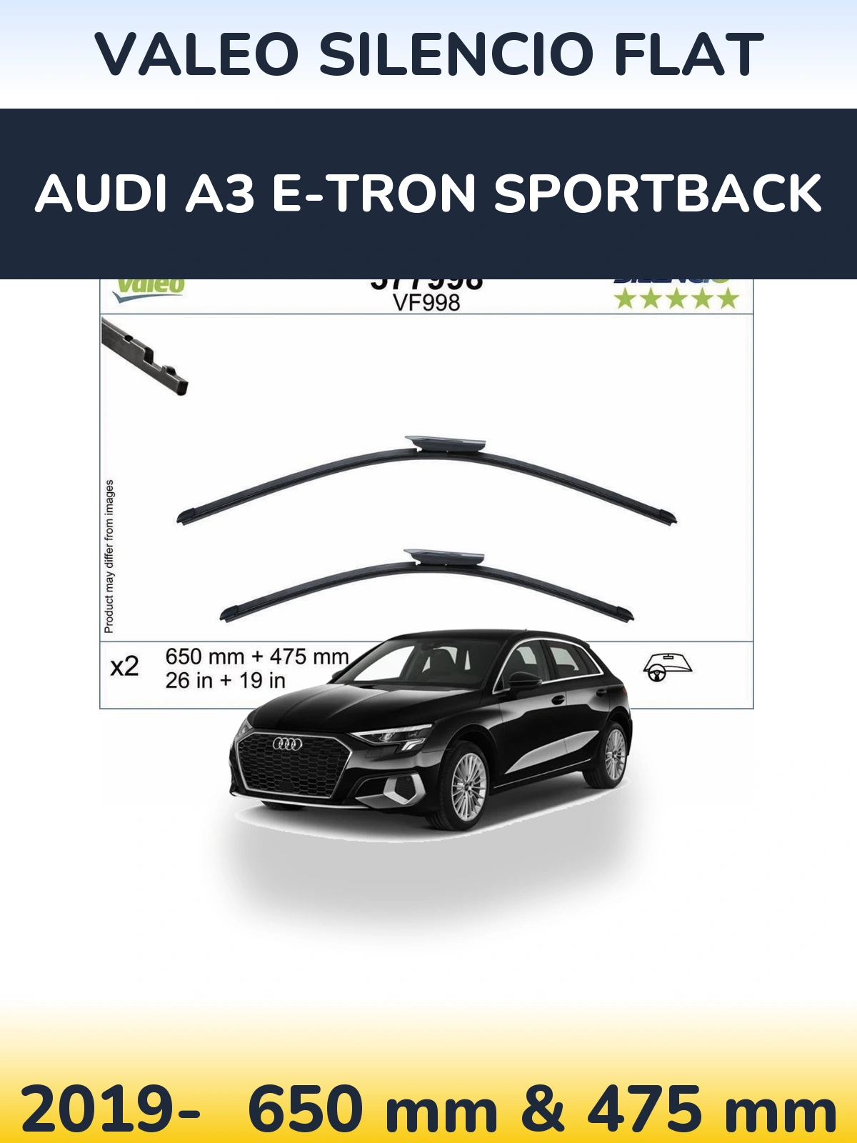 Комплект передних дворников Valeo Silencio Flat 650 & 475 мм для Audi A3 e-tron Sportback 2019-2026