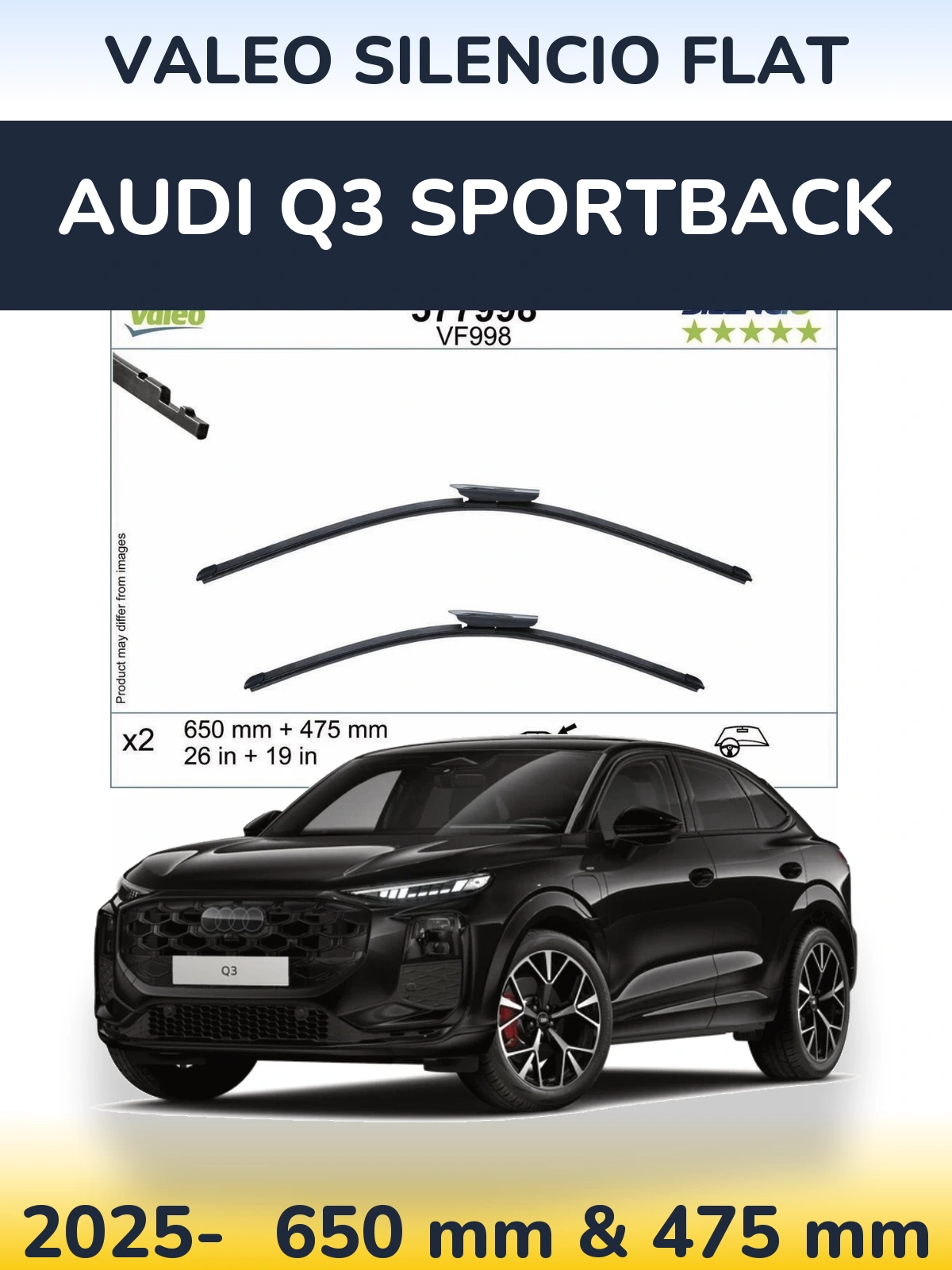 Комплект передних дворников Valeo Silencio Flat 650 & 475 мм для Audi Q3 Sportback 2025-2026