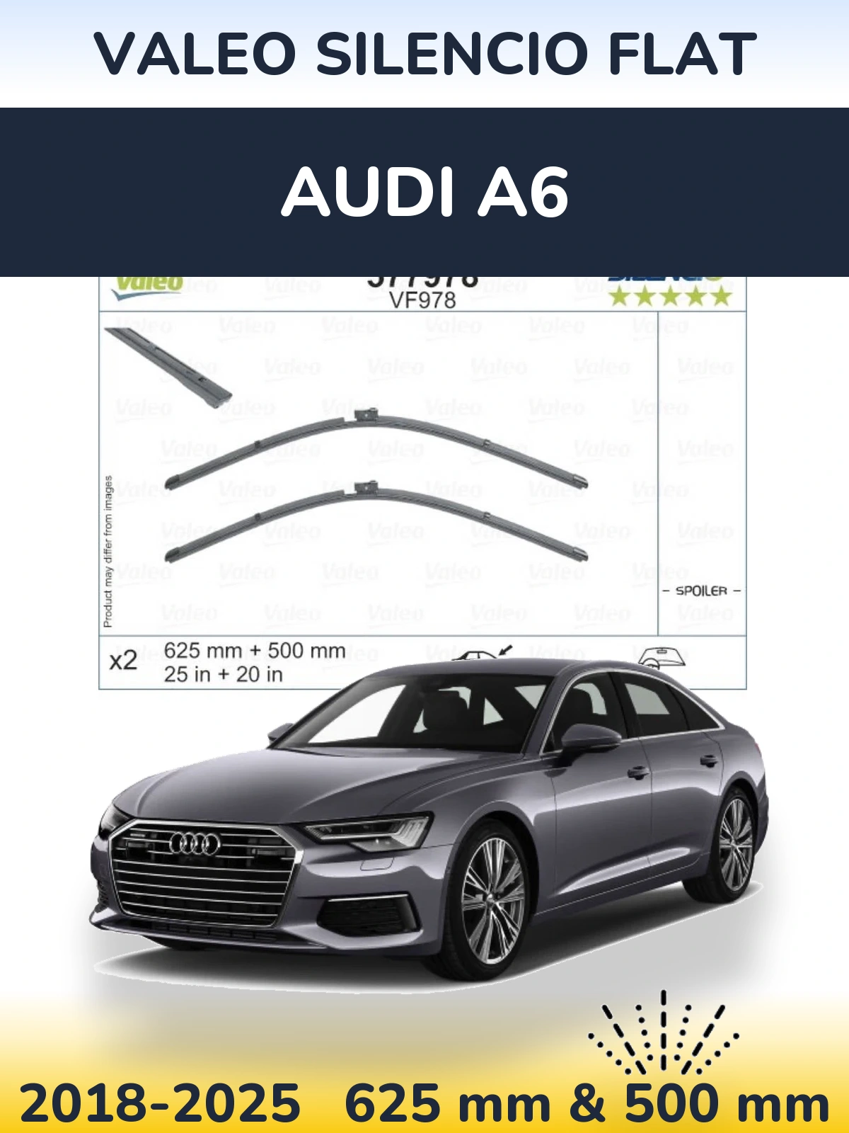 Komplet przednich wycieraczek Valeo Silencio Flat 625 & 500 mm do Audi A6 2018-2025