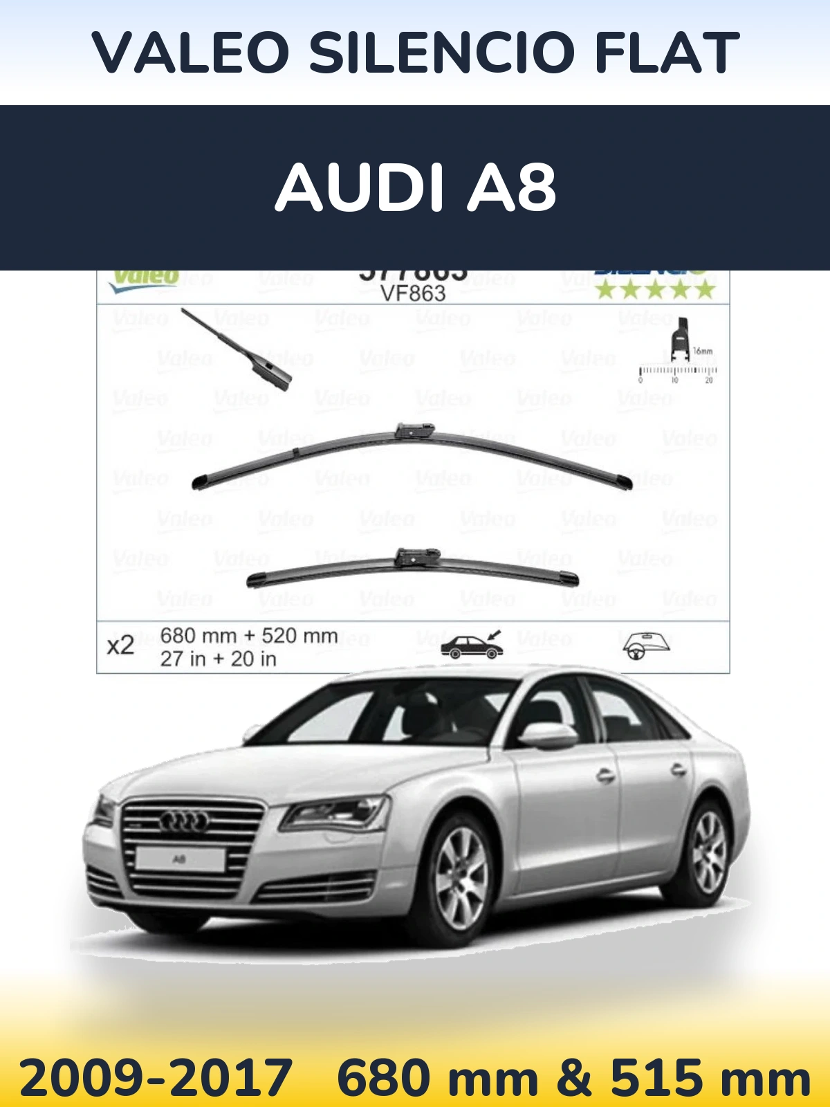 Komplet przednich wycieraczek Valeo Silencio Flat 680 & 520 mm do Audi A8 2009-2017