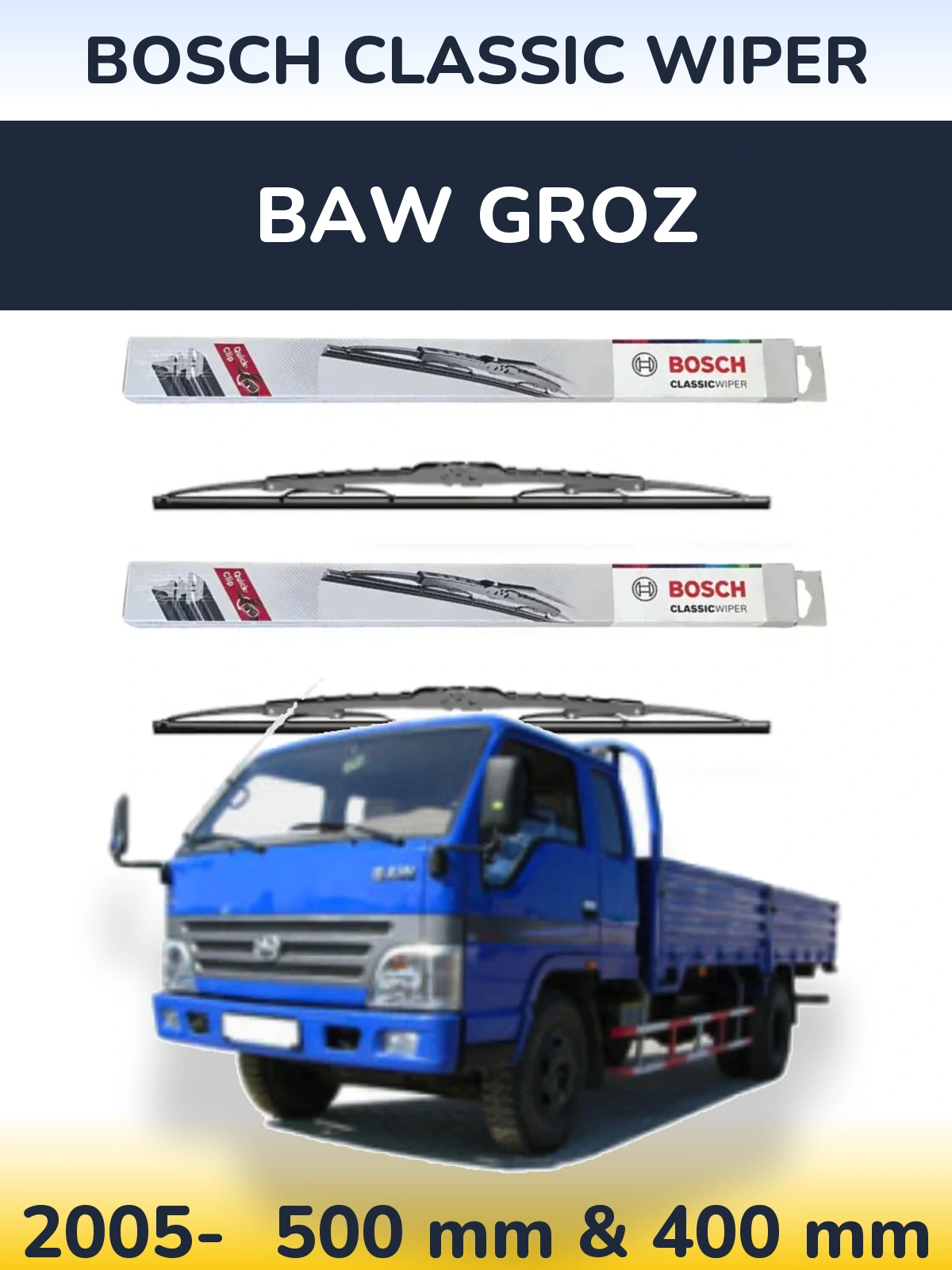 Komplet przednich wycieraczek BOSCH Classic Wiper 500 & 400 mm do BAW Groz 2005-2026