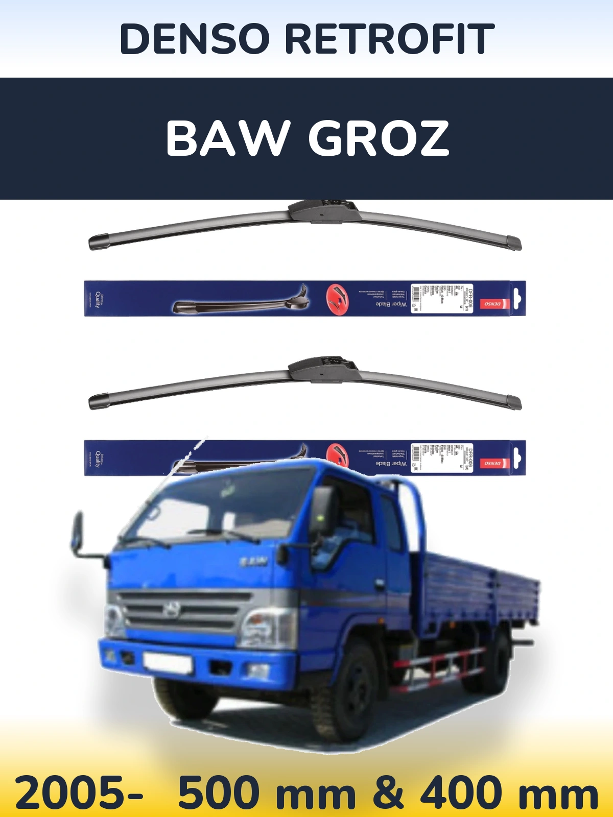 Komplet przednich wycieraczek Denso Retrofit 500 & 400 mm do BAW Groz 2005-2026