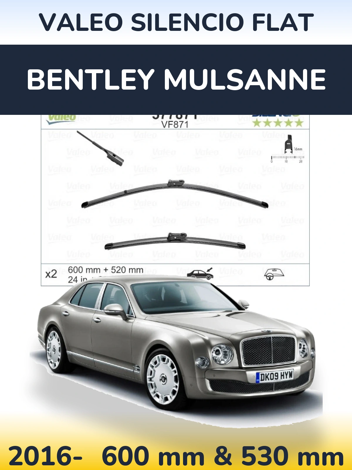 Komplet przednich wycieraczek Valeo Silencio Flat 600 & 520 mm do Bentley Mulsanne 2016-2026