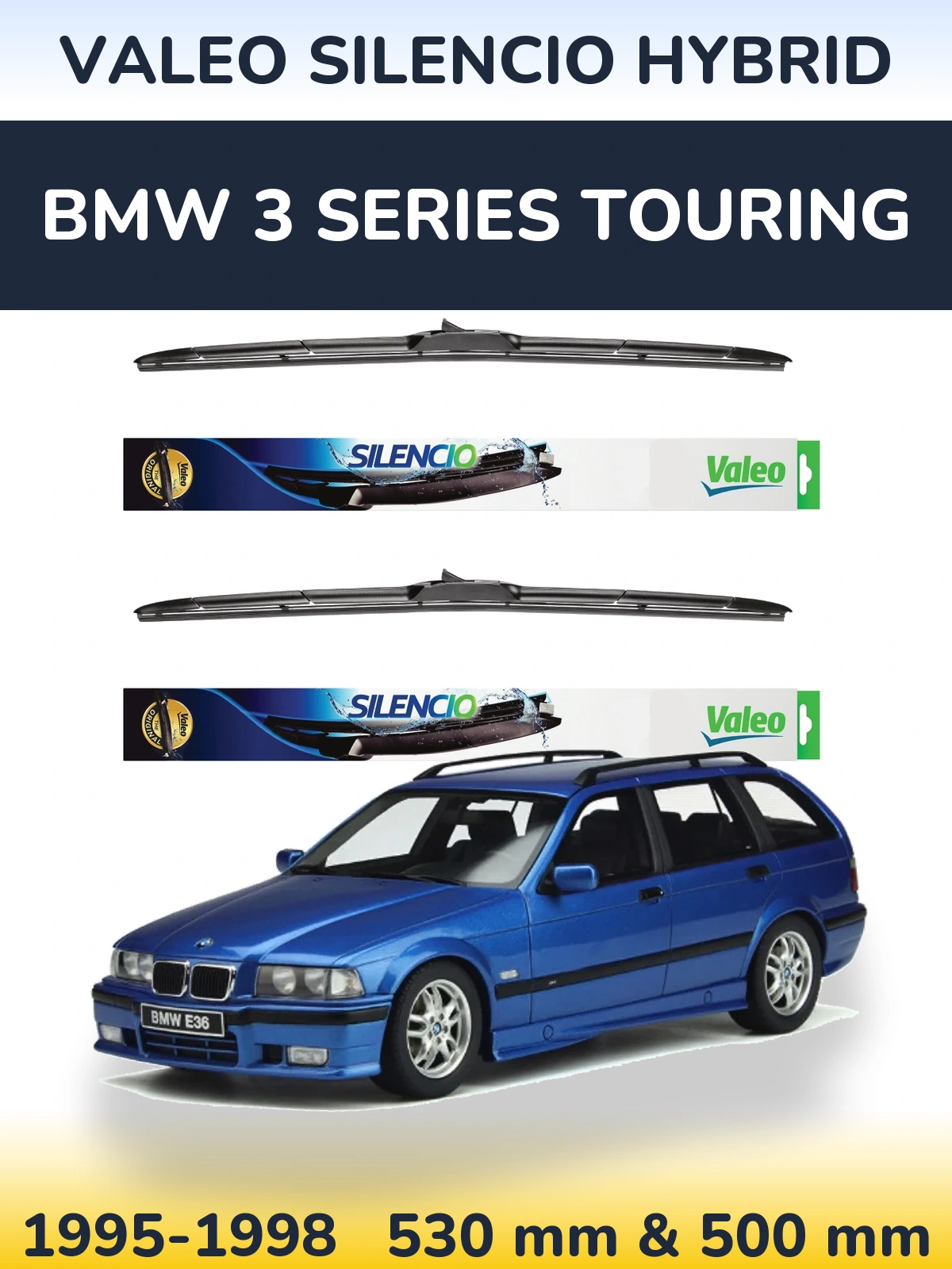 Front wiper blade set Valeo Silencio Hybrid 530 & 500 mm for BMW 3 Series Touring 1995-1998