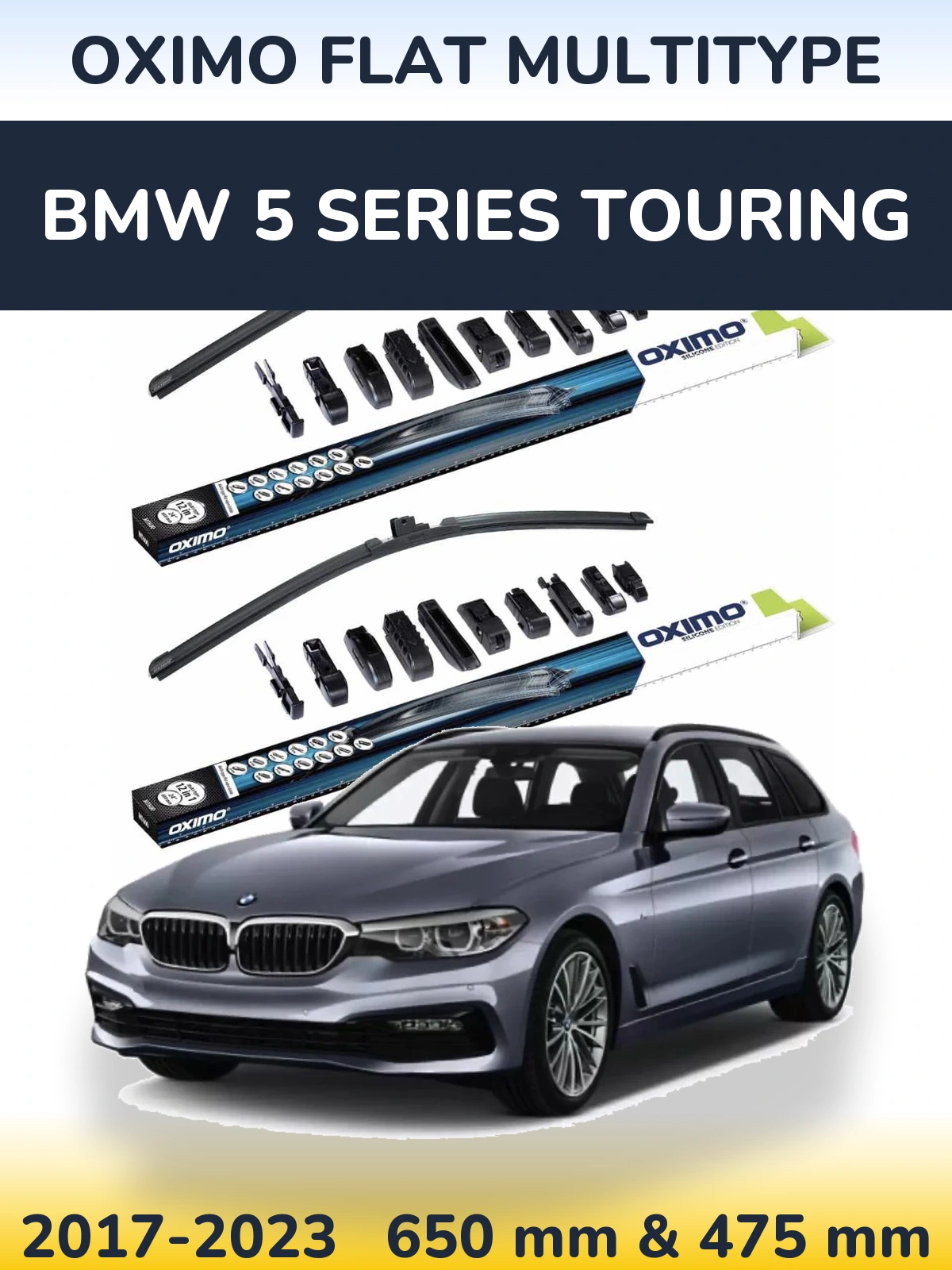 Front wiper blade set Oximo Flat MultiTypee 650 & 475 mm for BMW 5 Series Touring 2017-2023