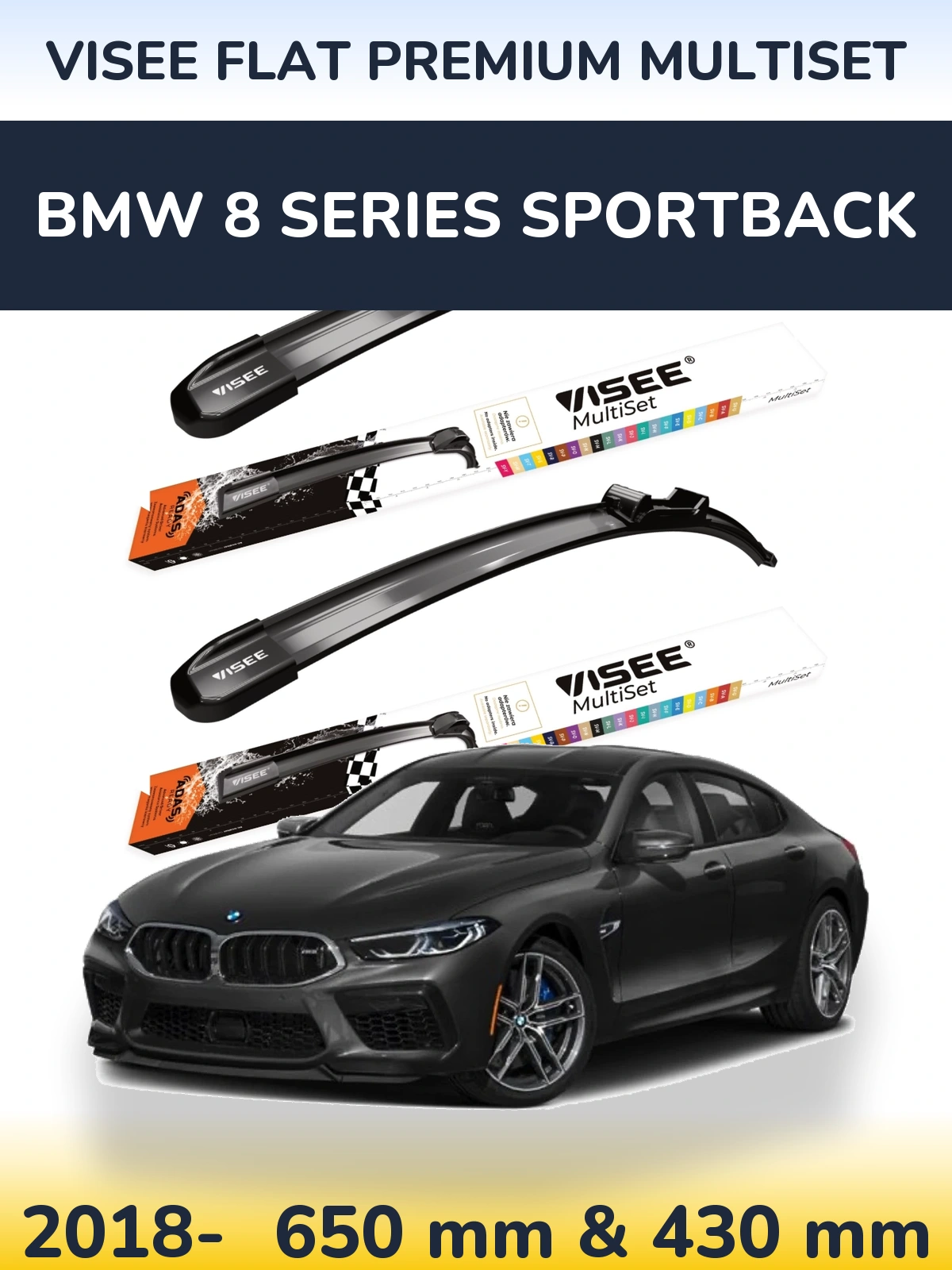 Front wiper blade set VISEE FLAT PREMIUM MultiSet 650 & 430 mm for BMW 8 Series Sportback 2018-2026