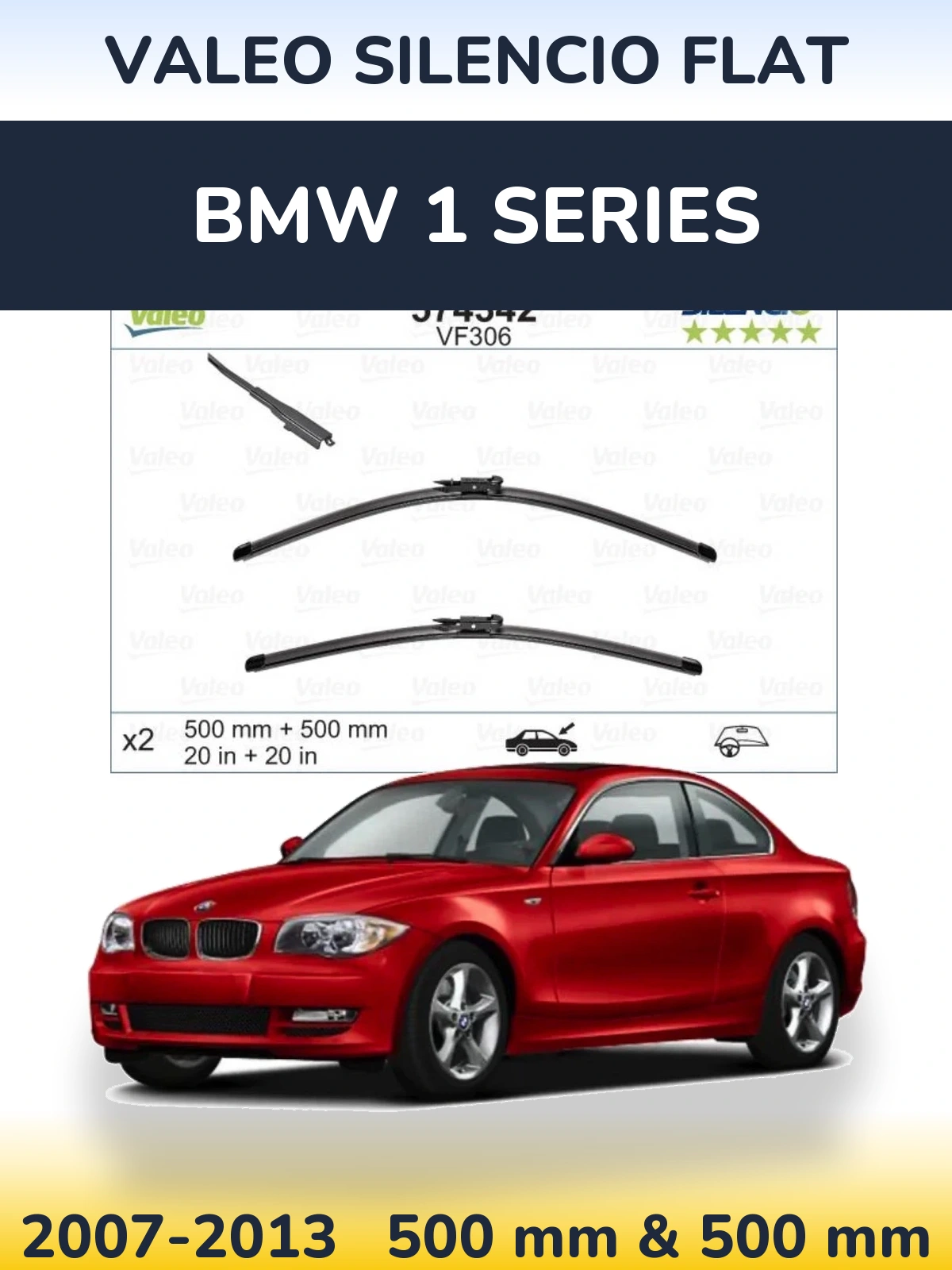 Front wiper blade set Valeo Silencio Flat 500 & 500 mm for BMW 1 Series 2007-2013