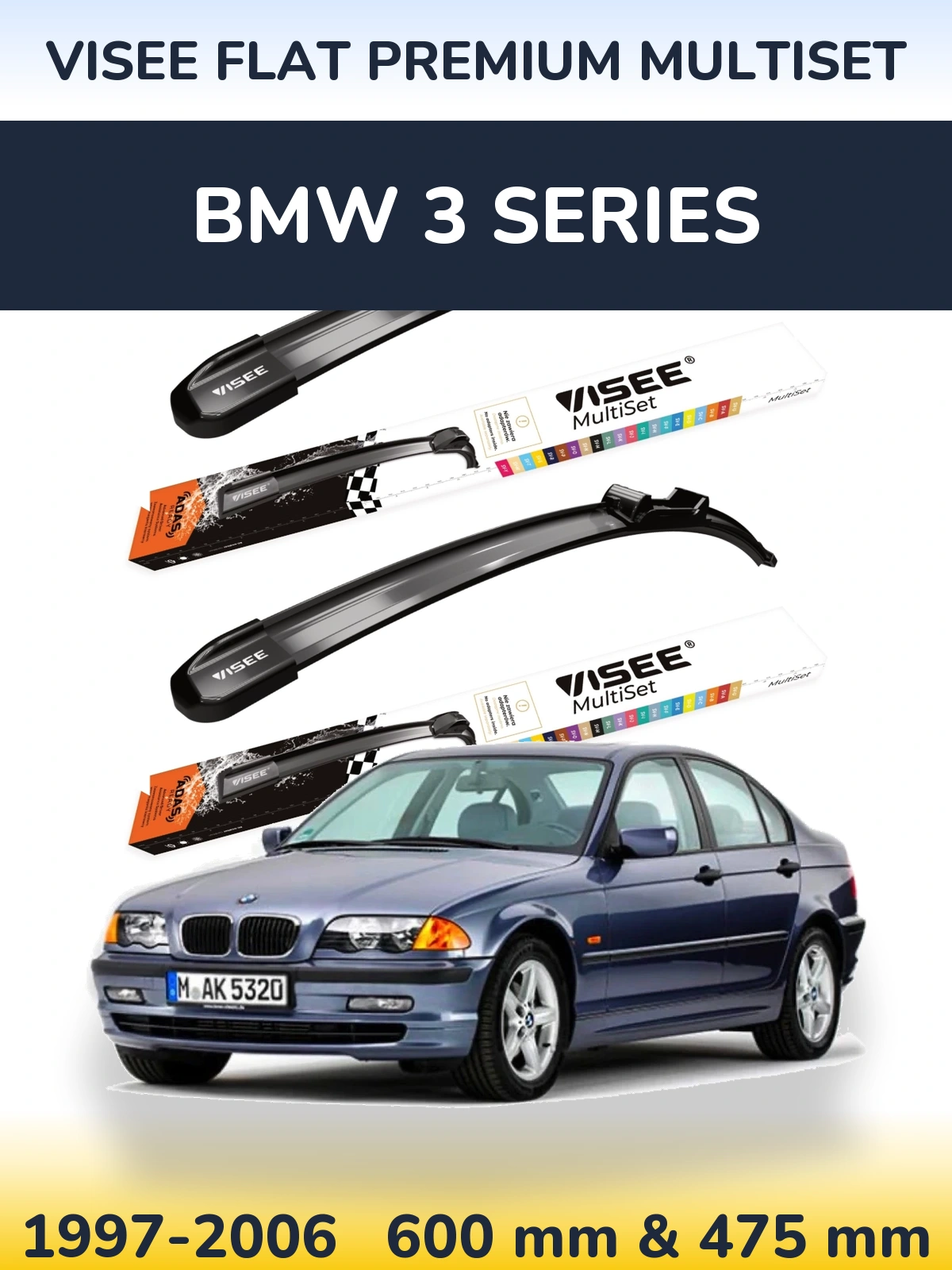 Front wiper blade set VISEE FLAT PREMIUM MultiSet 600 & 475 mm for BMW 3 Series 1997-2006