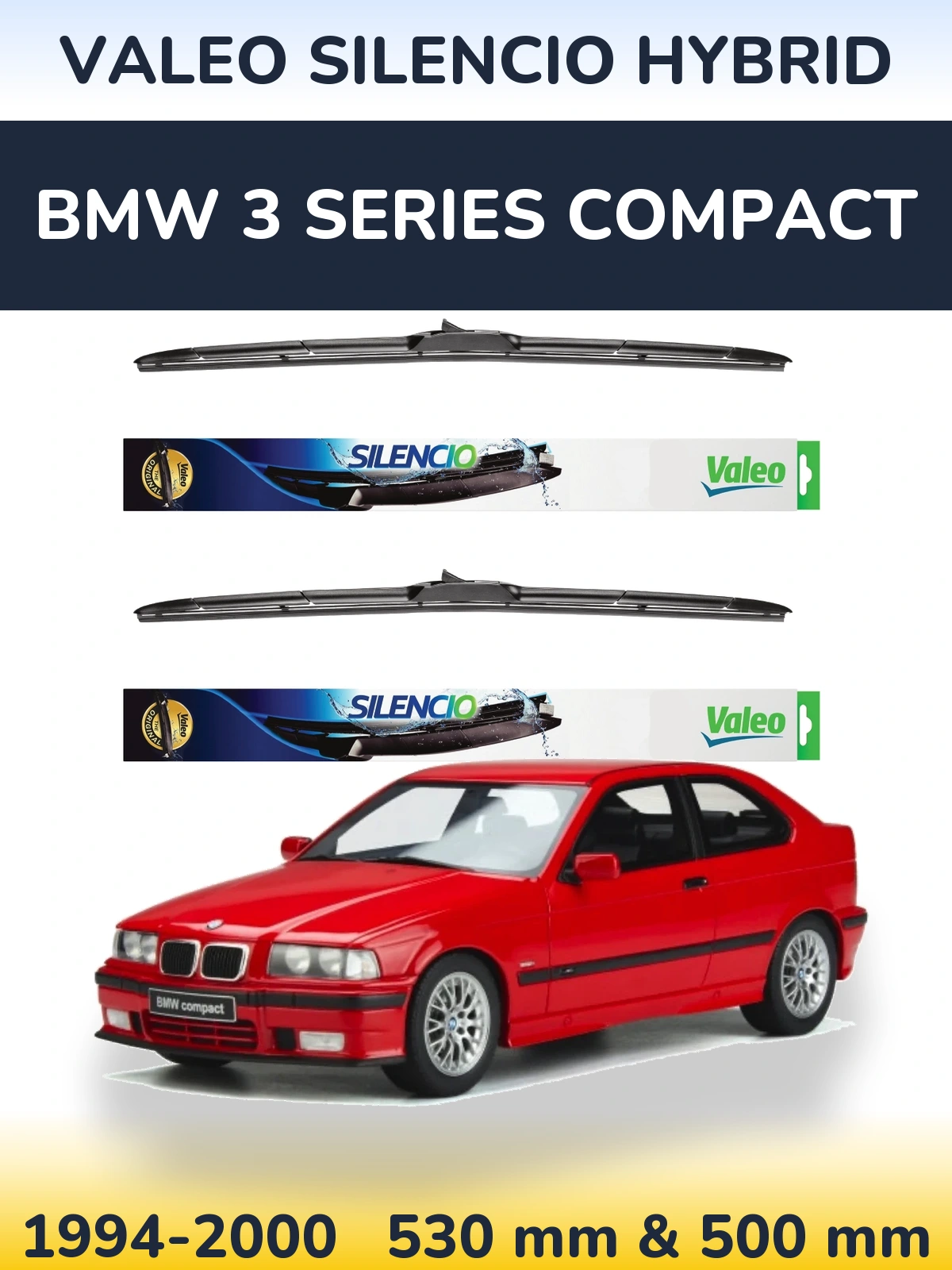 Komplet przednich wycieraczek Valeo Silencio Hybrid 530 & 500 mm do BMW Seria 3 Compact 1994-2000