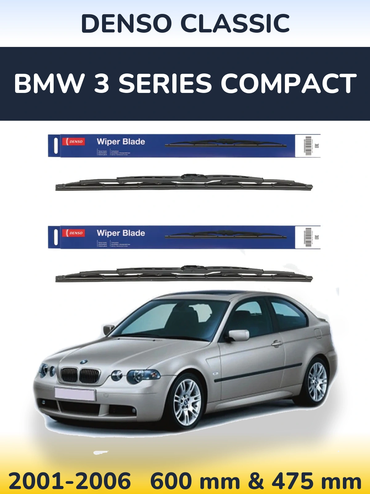 Комплект передних дворников Denso Classic 600 & 475 мм для BMW 3 Series Compact 2001-2006