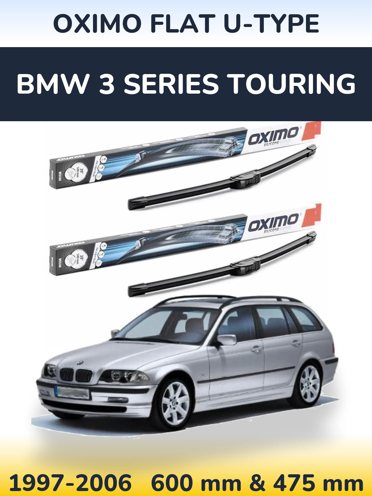 Front wiper blade set Oximo Flat U-type 600 & 475 mm for BMW 3 Series Touring 1997-2006