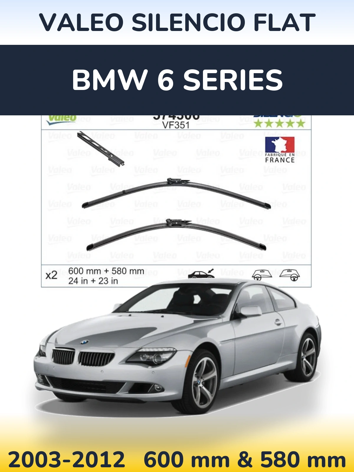 Front wiper blade set Valeo Silencio Flat 600 & 580 mm for BMW 6 Series 2003-2012
