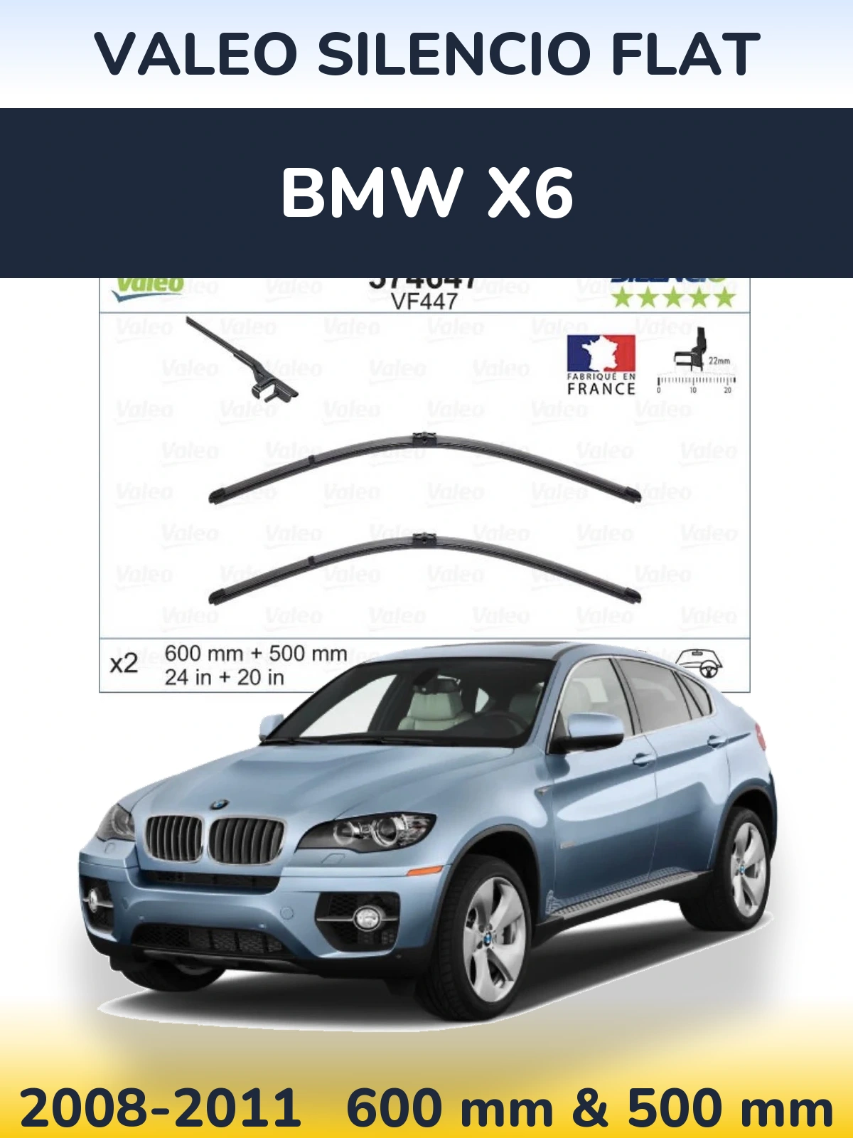 Front wiper blade set Valeo Silencio Flat 600 & 500 mm for BMW X6 2008-2011