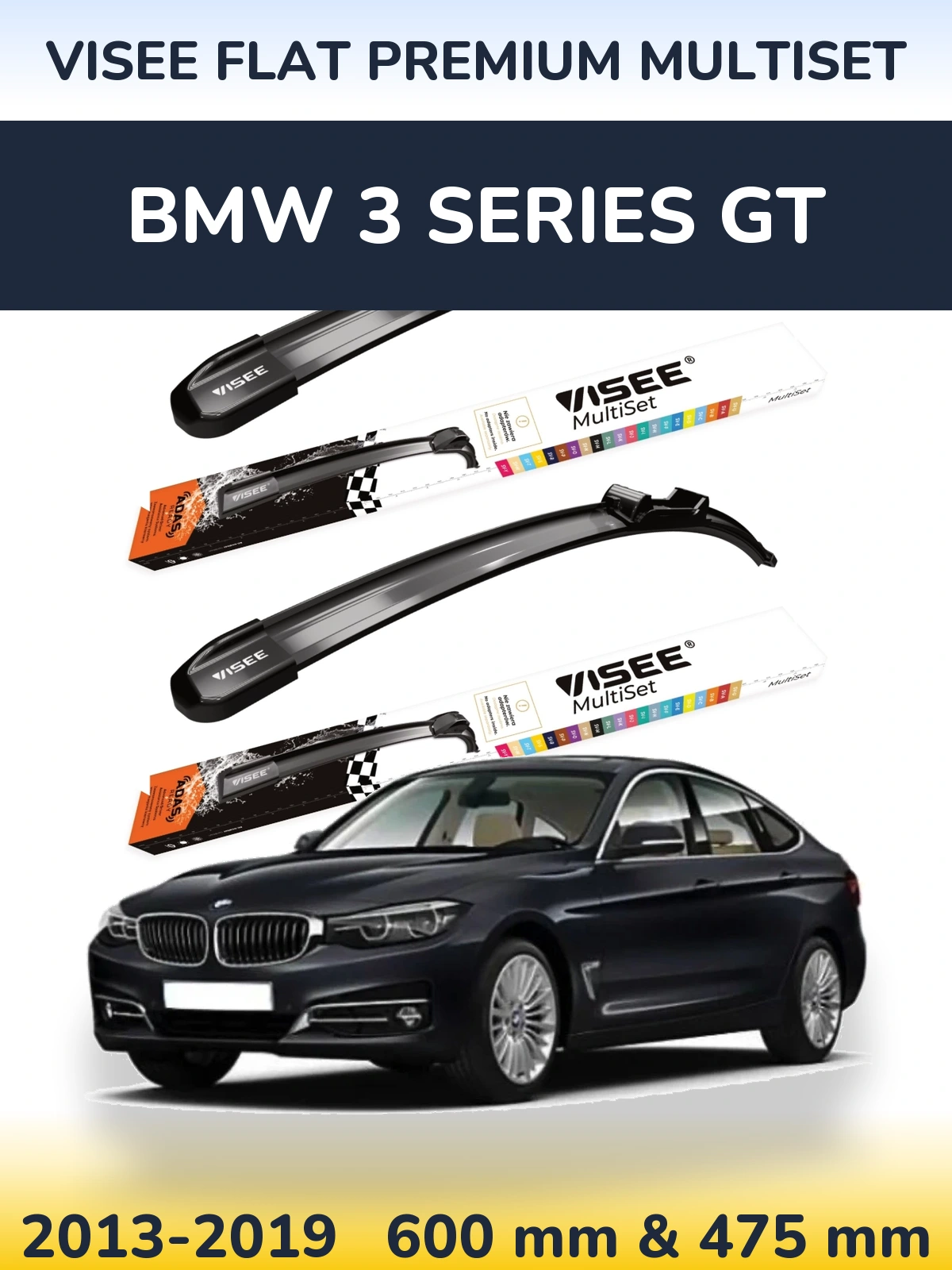 Front wiper blade set VISEE FLAT PREMIUM MultiSet 600 & 475 mm for BMW 3 Series GT 2013-2019
