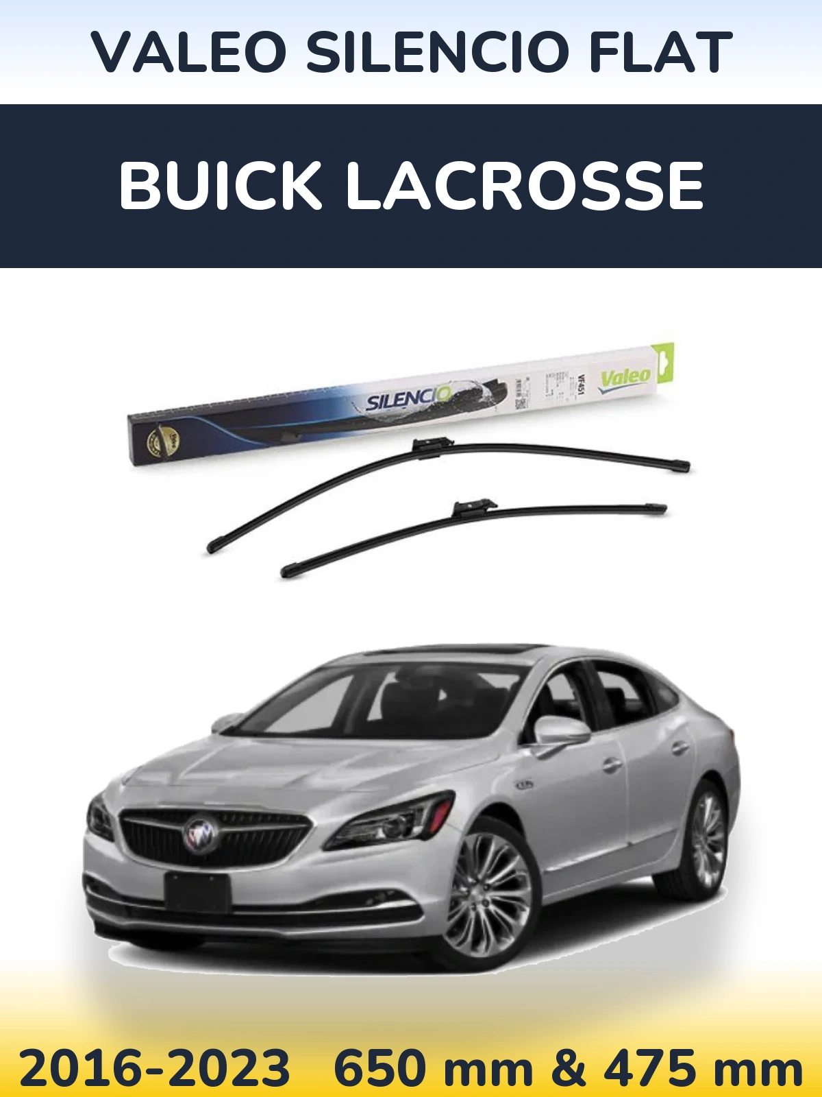 Front wiper blade set Valeo Silencio Flat 650 & 475 mm for Buick LaCrosse 2016-2023